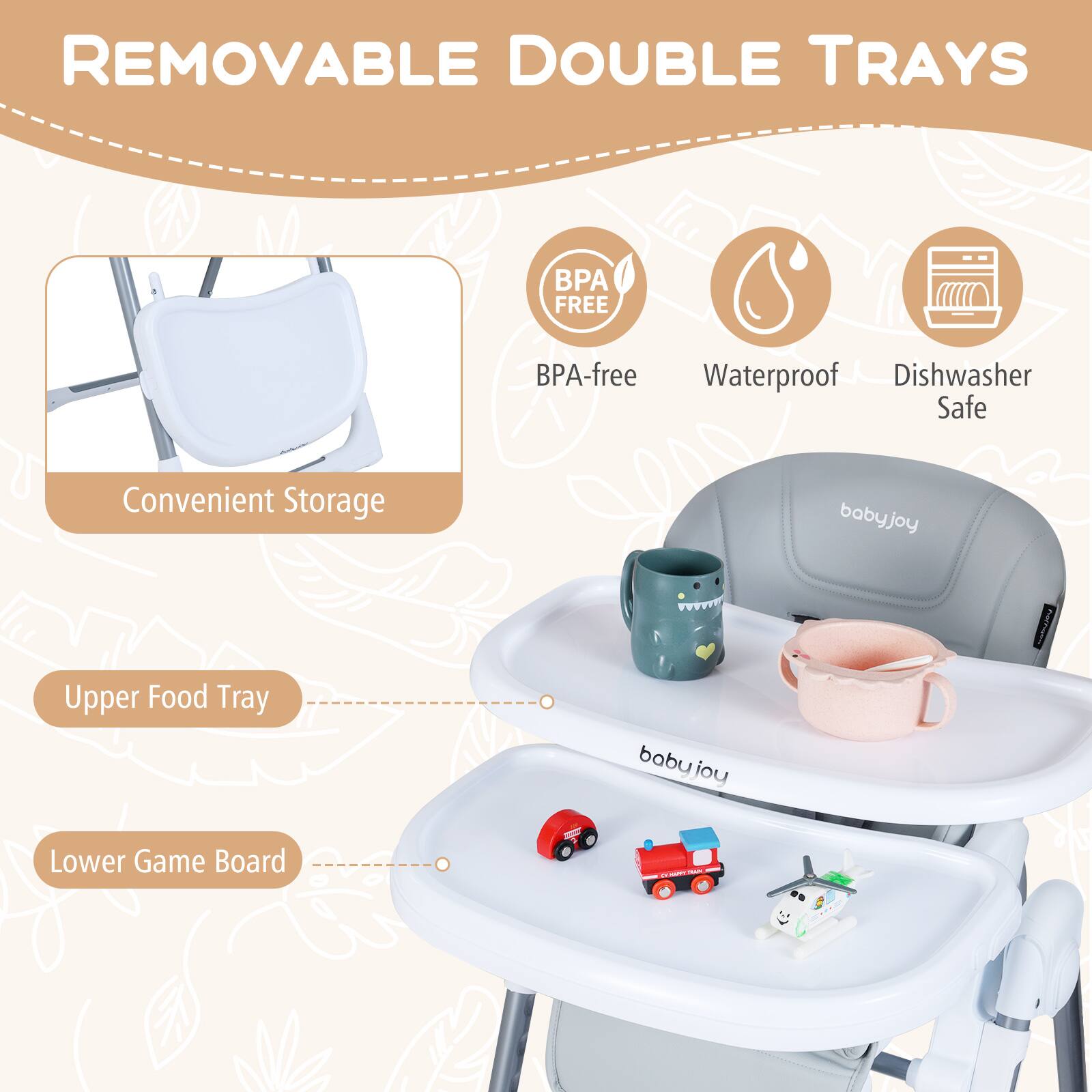 REMOVABLE DOUBLE TRAYS

- BPA-free
- Waterproof
- Dishwasher Safe

Convenient Storage

Upper Food Tray

Lower Game Board