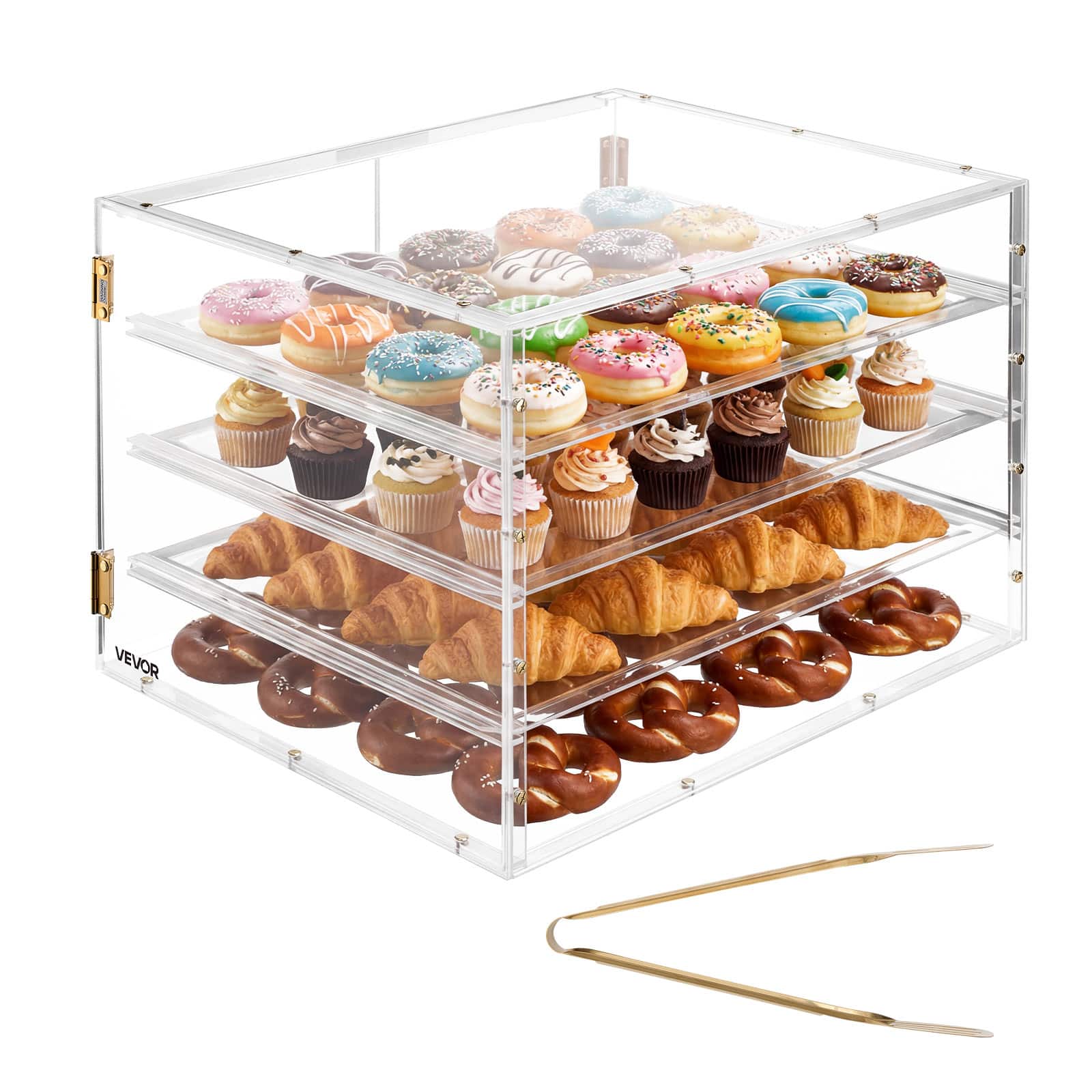 VEVOR - Bakery Display Case, 4-Tier Commercial Countertop Pastry Display Case, Clear Acrylic Bread Box for Kitchen - Gold