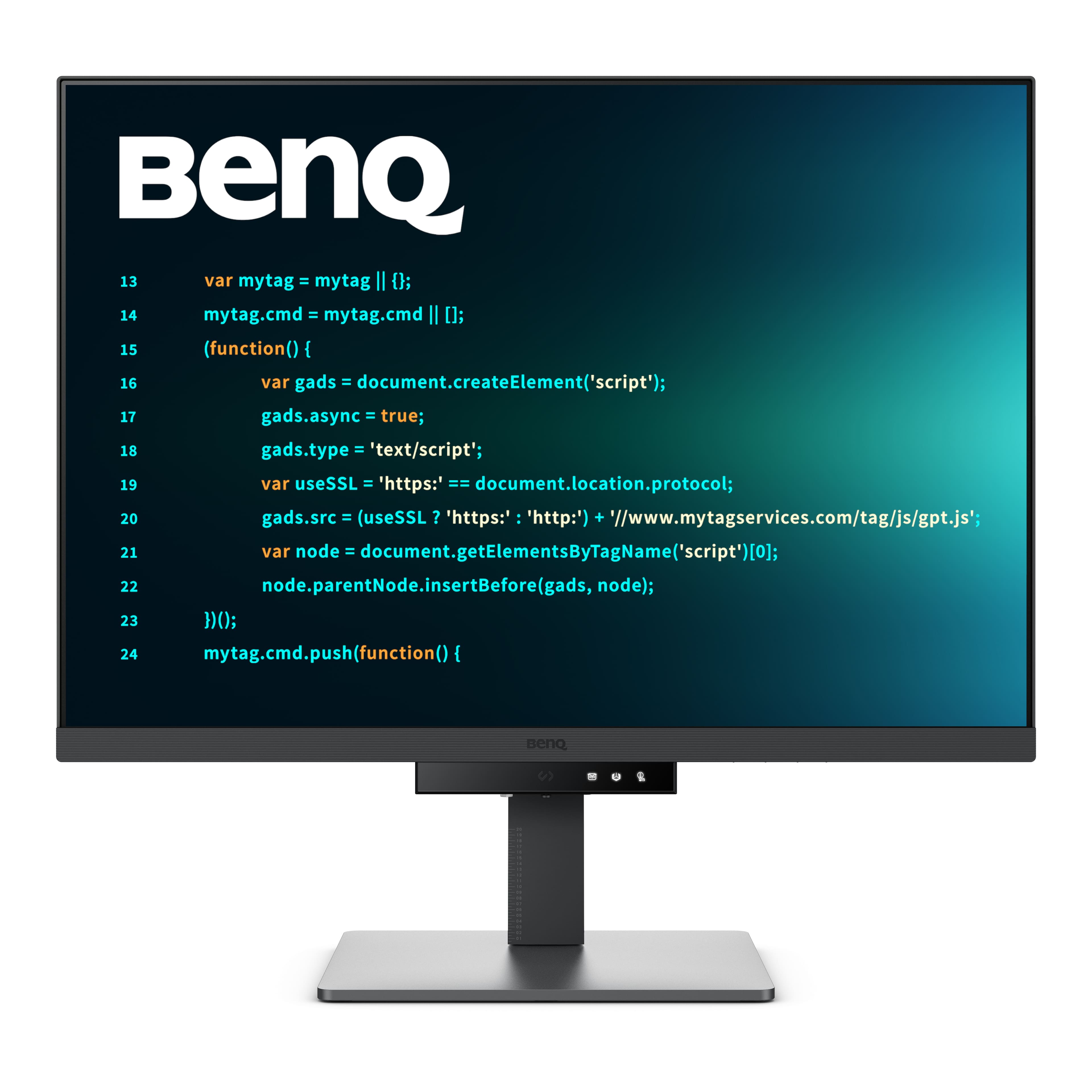 BenQ 13 var mytag = mytag II {}; 14 mytag.cmd = mytag.cmd II [1; 15 (function() I 16 var gads = document.createElement('script'); 17 gads.async = true; 18 gads.type = 'text/script'; 19 var useSSL = 'https:' == document.location.protocol; 20 gads.src = (useSSL ? 'https:' : 'http:') + //www.mytagservices.com/tag/js/gpt.js'; 21 var node = document.getElementsByTagName('script')[o 22 node.parentNode.insertBefore(gads, node); 23 10: 24 mytag.cmd.push(function() {