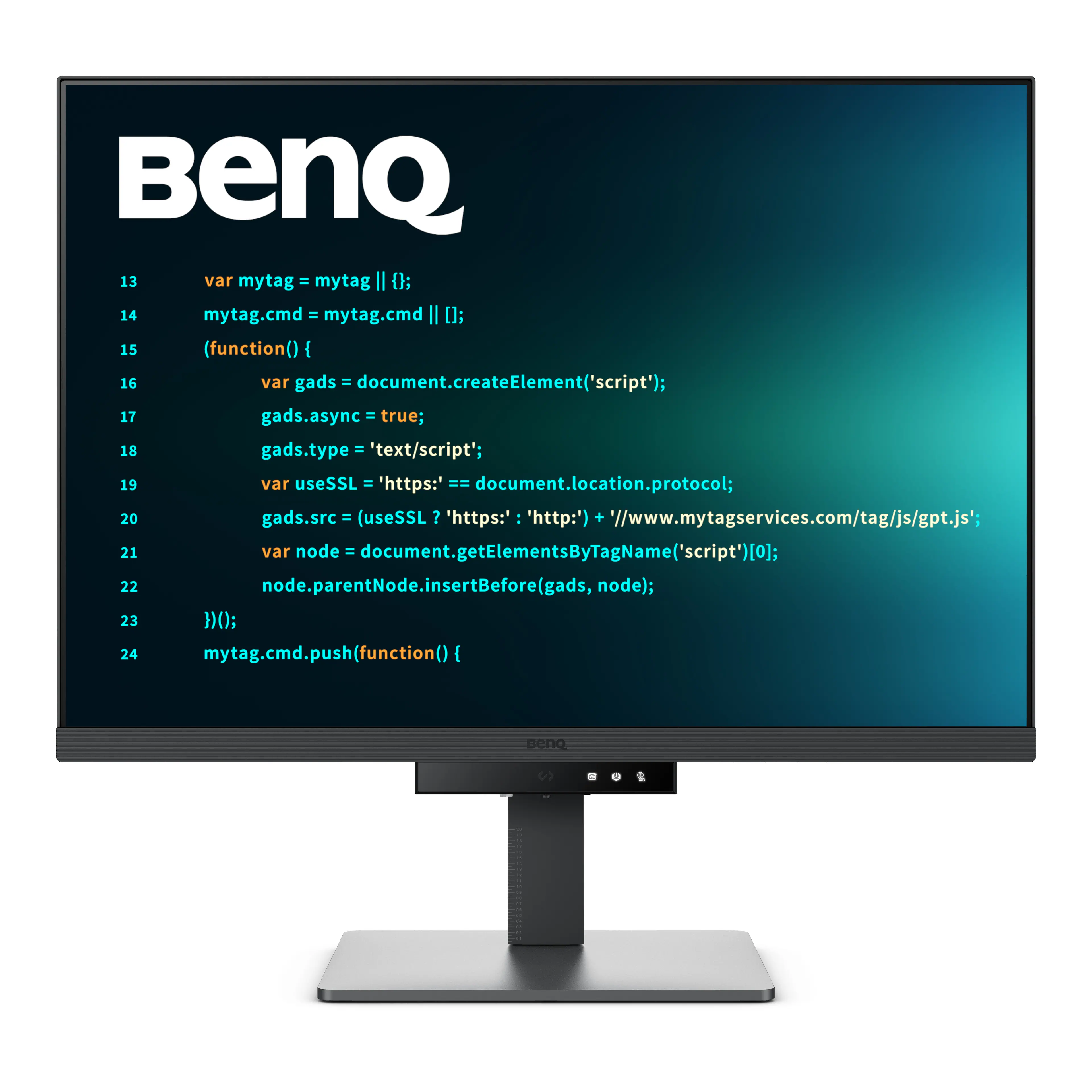 BenQ 13 var mytag = mytag II {}; 14 mytag.cmd = mytag.cmd II [1; 15 (function() I 16 var gads = document.createElement('script'); 17 gads.async = true; 18 gads.type = 'text/script'; 19 var useSSL = 'https:' == document.location.protocol; 20 gads.src = (useSSL ? 'https:' : 'http:') + //www.mytagservices.com/tag/js/gpt.js'; 21 var node = document.getElementsByTagName('script')[o 22 node.parentNode.insertBefore(gads, node); 23 10: 24 mytag.cmd.push(function() {