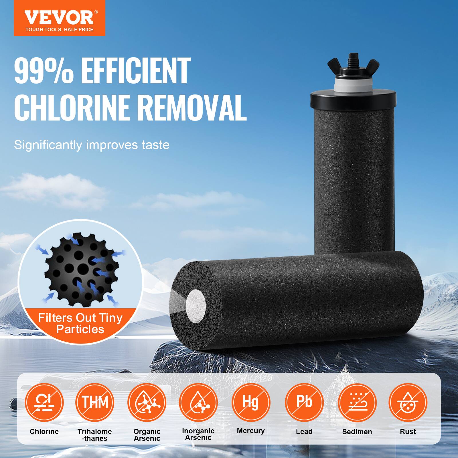 VEVOR  
TOUGH TOOLS, HALF PRICE  

99% EFFICIENT CHLORINE REMOVAL  

Significantly improves taste  

Filters Out Tiny Particles  

Chlorine  
THM  
Organic Arsenic  
Inorganic Arsenic  
Mercury  
Lead  
Sediment  
Rust