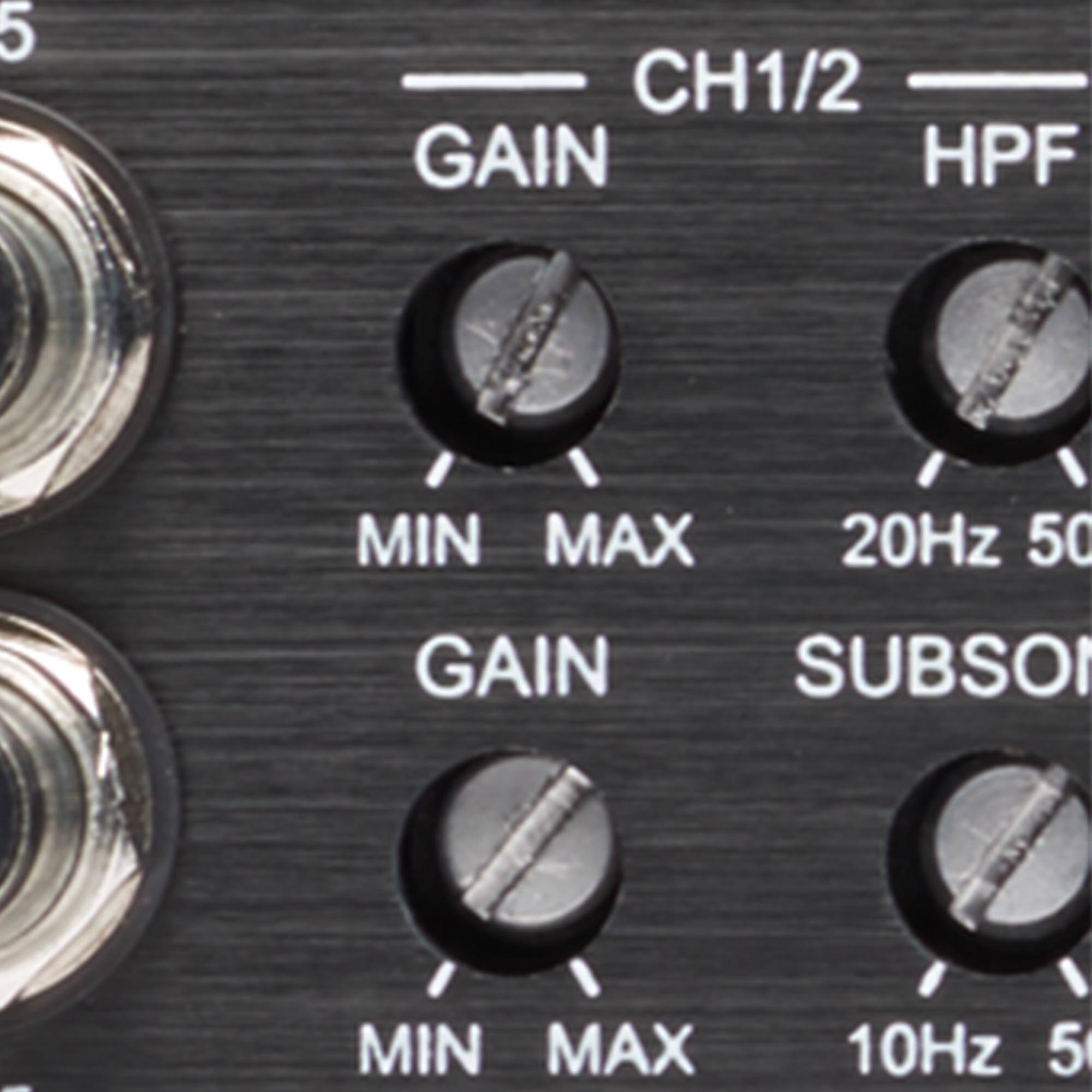 5  
CH1/2  
GAIN  
MIN MAX  
HPF  
20Hz 50  
GAIN  
SUBSONIC  
MIN MAX  
10Hz 5