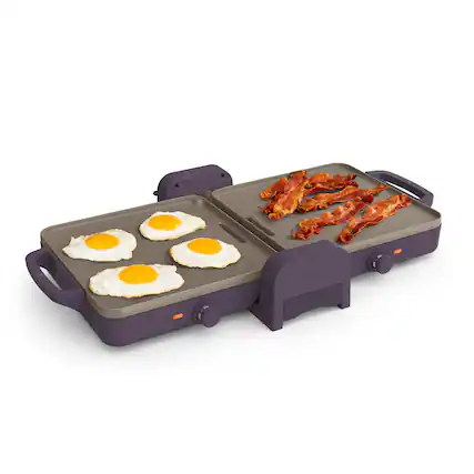Front. Bella - Fits-anywhere Kitchenware: 10" x 20" Fold & Store Dual Temp Electric Griddle - Plum.