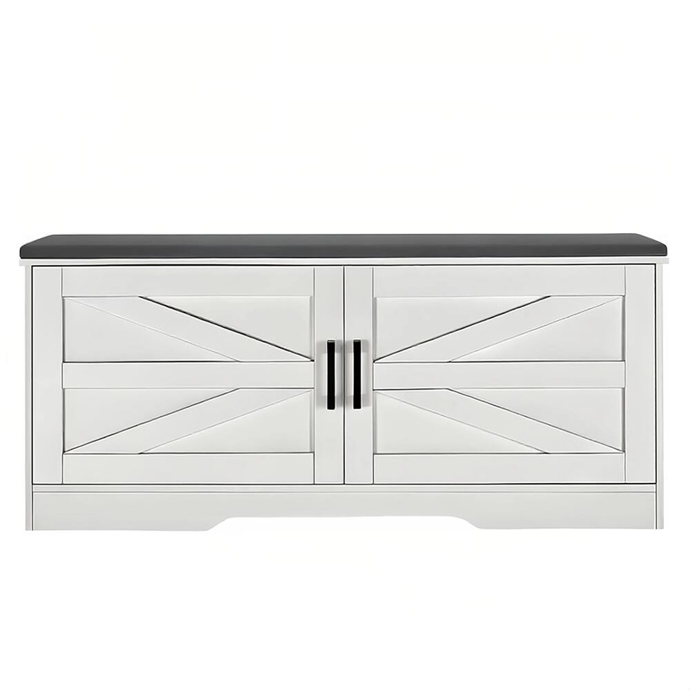 Alt View 7. Ropilly - Ropilly White Farmhouse Shoe Bench with Padded Seat Cushion and Barn Doors Storage Entryway Bench - White.