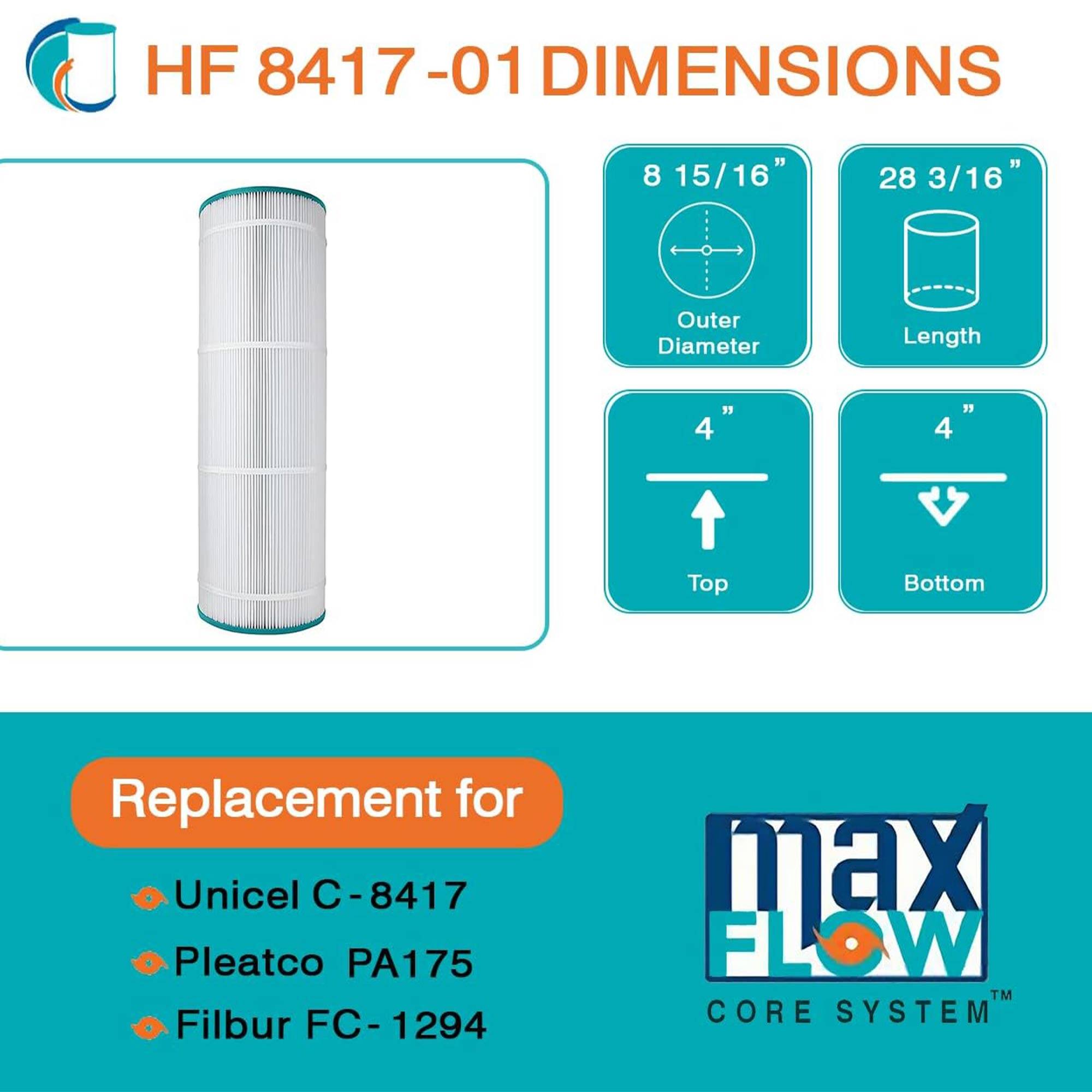 HF 8417-01 DIMENSIONS

- Outer Diameter: 8 15/16"
- Length: 28 3/16"
- Top: 4"
- Bottom: 4"

Replacement for:
- Unicel C-8417
- Pleatco PA175
- Filbur FC-1294

max FLOW CORE SYSTEM™