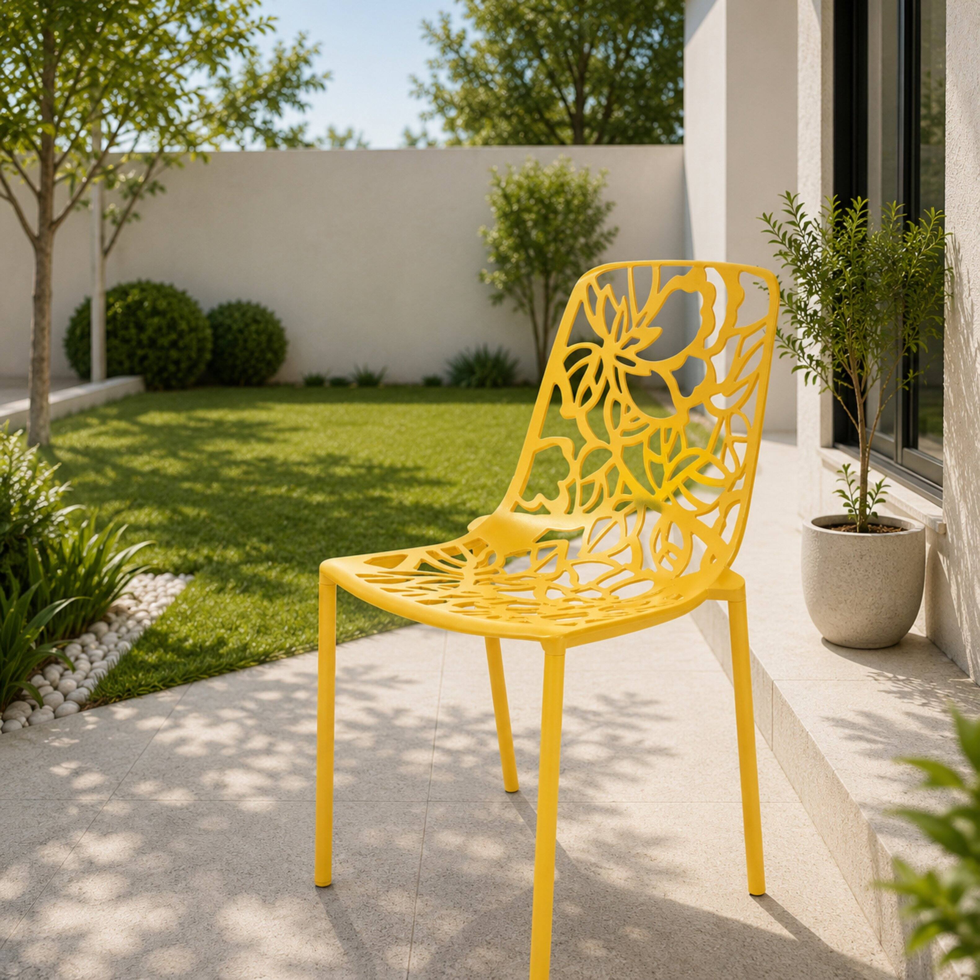 Left. LeisureMod - Devon Stackable Aluminum Dining Chair, Modern Floral Cutout Indoor/Outdoor Patio Chair - Fully Assembled - Yellow.