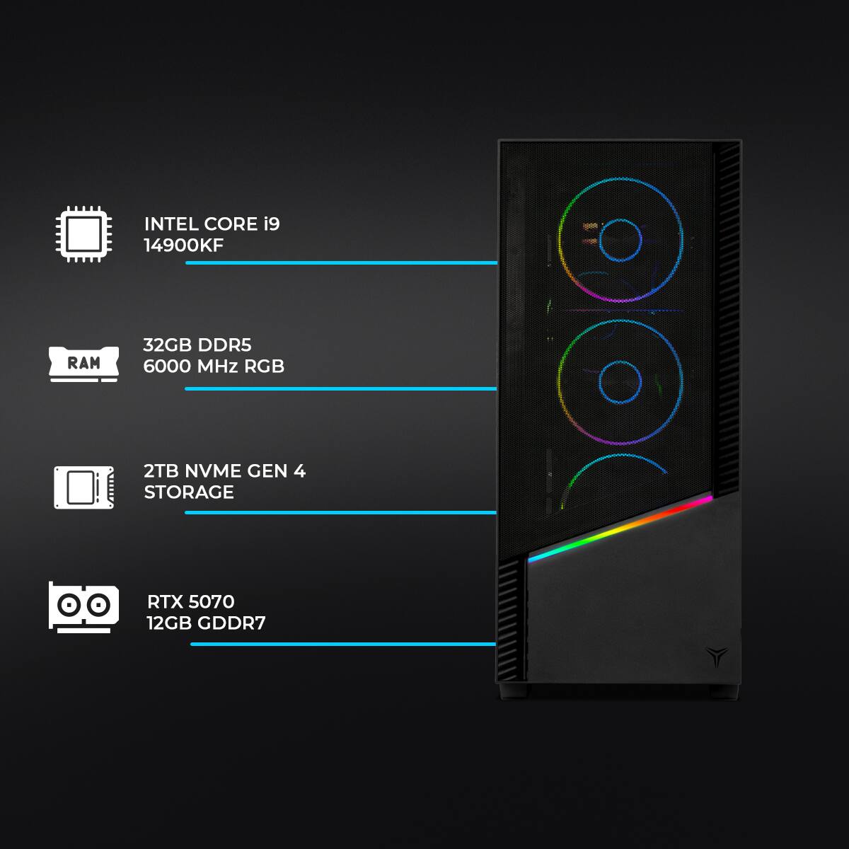 INTEL CORE i9 14900KF  
RAM 32GB DDR5 6000 MHz RGB  
2TB NVME GEN 4 STORAGE  
RTX 5070 12GB GDDR7