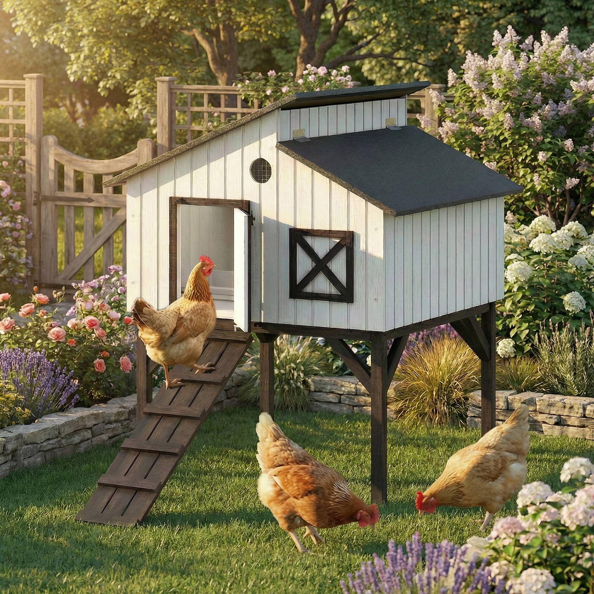 Alt View 1. Pawhut - Coop Hen House with Nesting Box, Elevated Rabbit Hutch with Ramp - White.