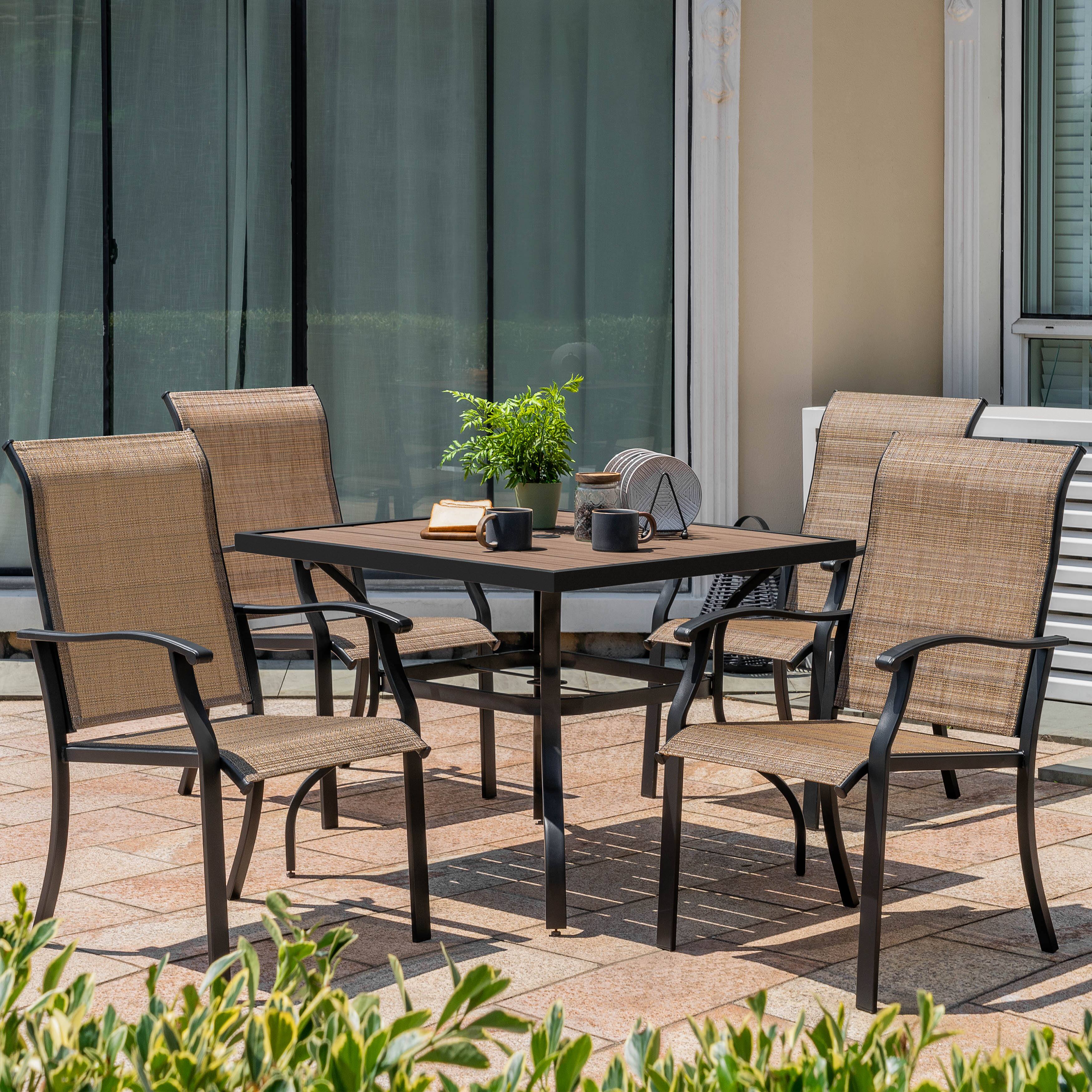 Angle. Nuu Garden - 5-Piece Patio Ergonomic Textilene and Metal Dining Set with Umbrella Hole - Brown and Black.