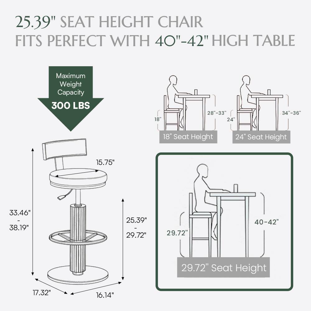 25.39" SEAT HEIGHT CHAIR FITS PERFECT WITH 40"-42" HIGH TABLE  
Maximum Weight Capacity: 300 LBS  
18" Seat Height  
24" Seat Height  
15.75"  
33.46" - 38.19"  
25.39"  
29.72"  
29.72"  
40-42"  
29.72" Seat Height  
17.32"  
16.14"
