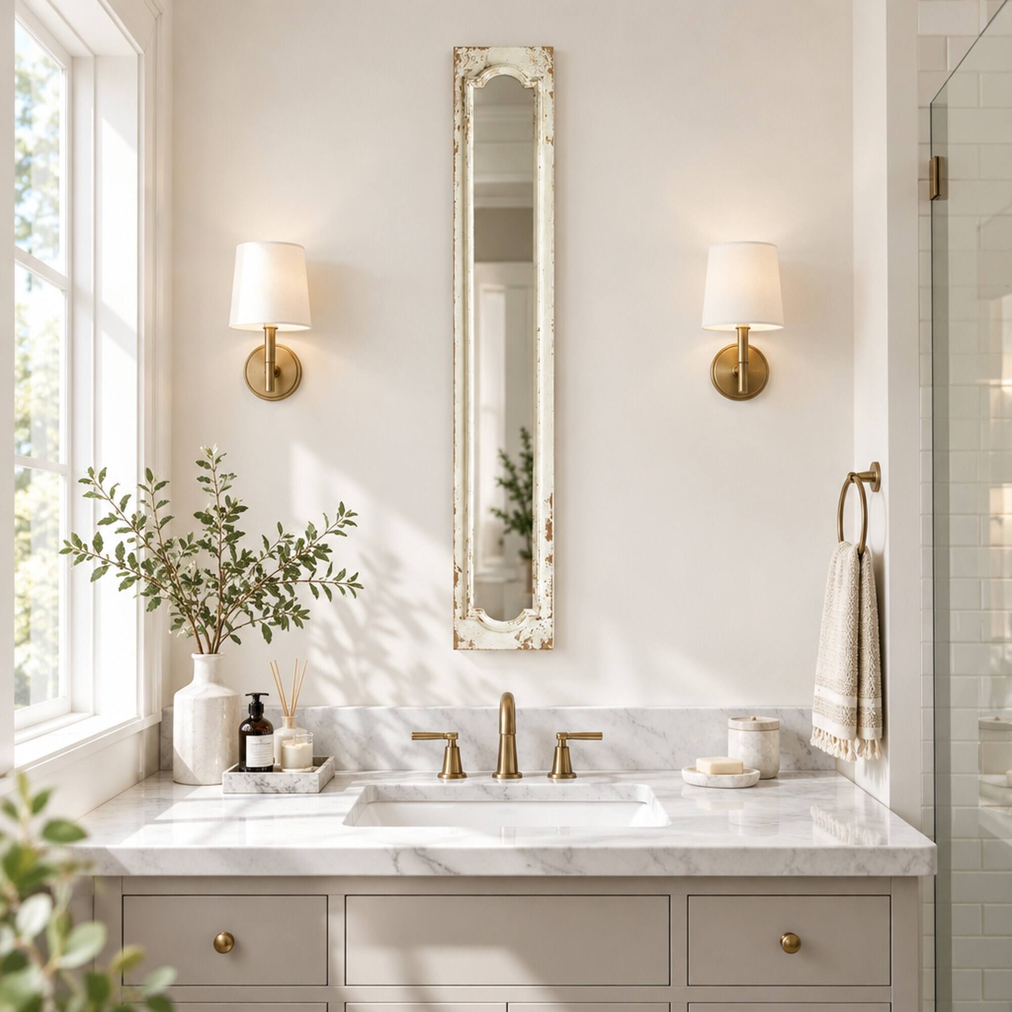 Angle. RYHNUYNE - Distressed White Arched Floor Mirror, 11.8 x 1.6 x 69.3 in, Wood Frame, Leaning Design, Rustic Bedroom Decor - White.