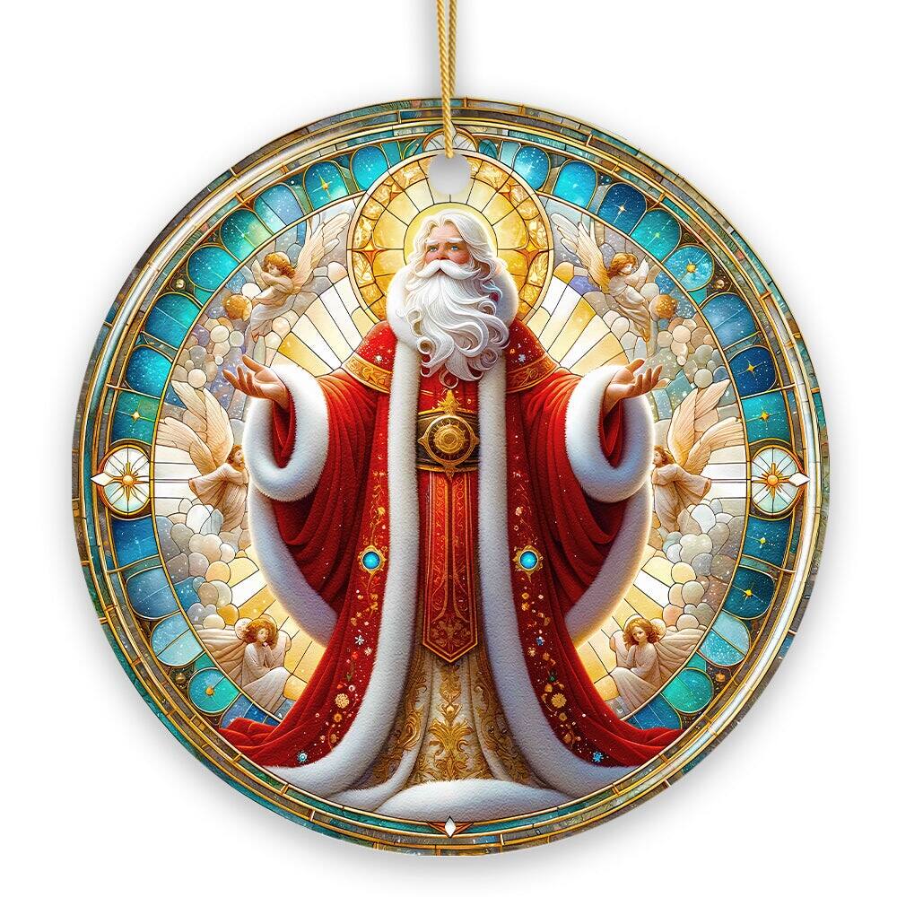 OrnamentallyYou - Majestic Holy Santa Stained Glass Themed Ceramic Ornament Handcrafted Angelic Christmas Decor - Multi-colored