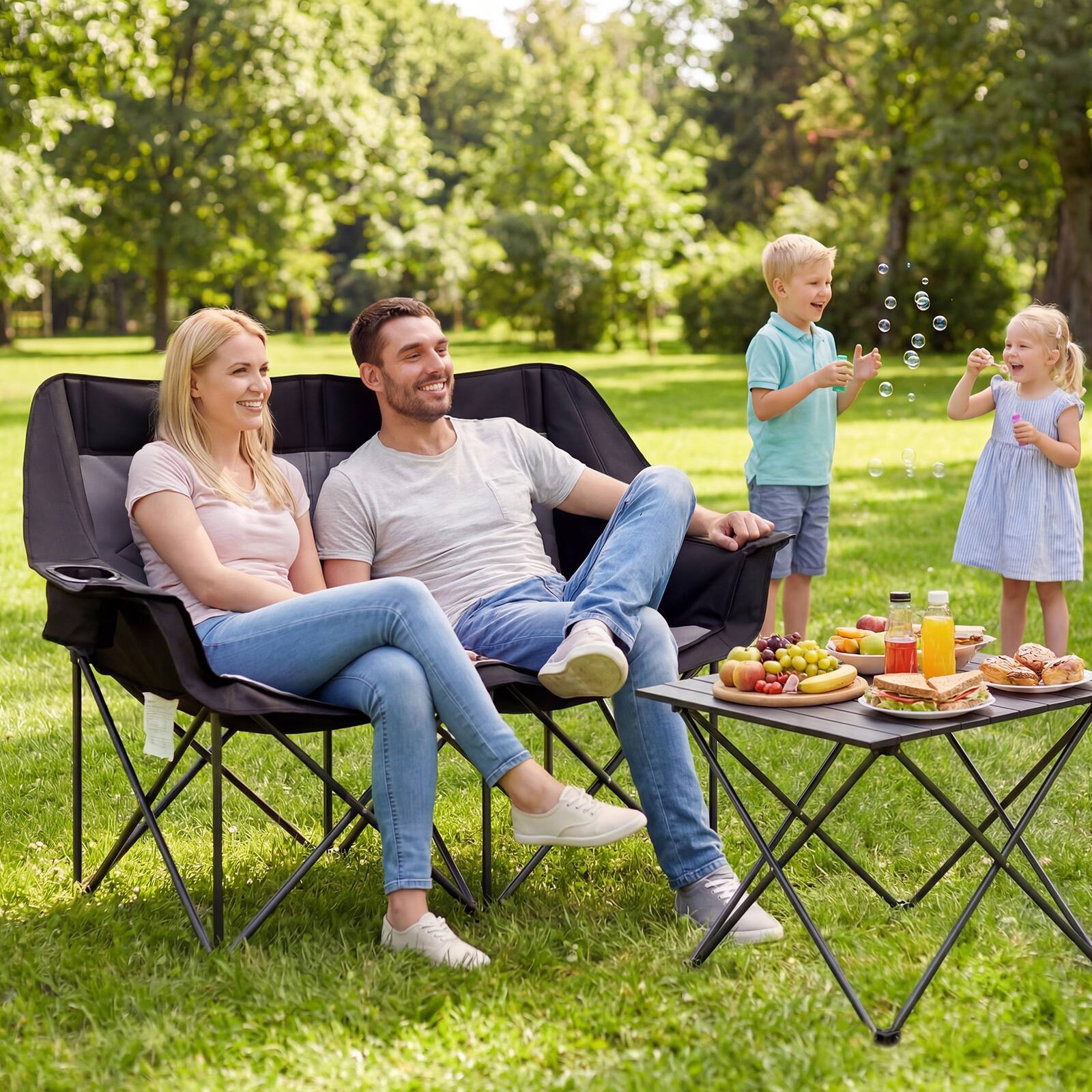 Alt View 8. Gymax - Gymax Double Camping Chair w/ Cup Holders Glass Racks & Mesh Pockets Carry Bag Gray & Black - Gray.