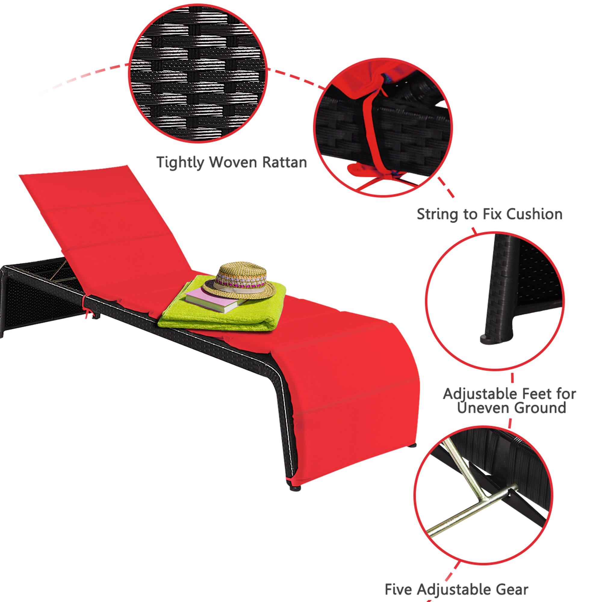 Tightly Woven Rattan, String to Fix Cushion, Adjustable Feet for Uneven Ground, Five Adjustable Gear
