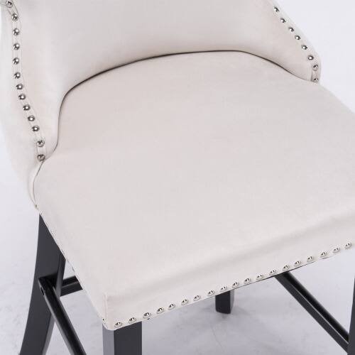 Alt View 4. LUCKY ONE - Assembled Wing-Back Velvet Bar Stool Set of 2 Button Tufted Wood Legs Chrome Nailhead Trim - Beige.