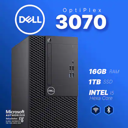 OptiPlex 3070
16GB RAM
1TB SSD
Intel i5 Hexa Core
Microsoft Authorized Refurbisher
Global Partner of the Year since 2020