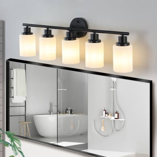 Alt View 1. LUCKY ONE - 31in Wall Mount Vanity Light, 5-Light Black Iron Sconce with Frosted White Glass Shades - Black.