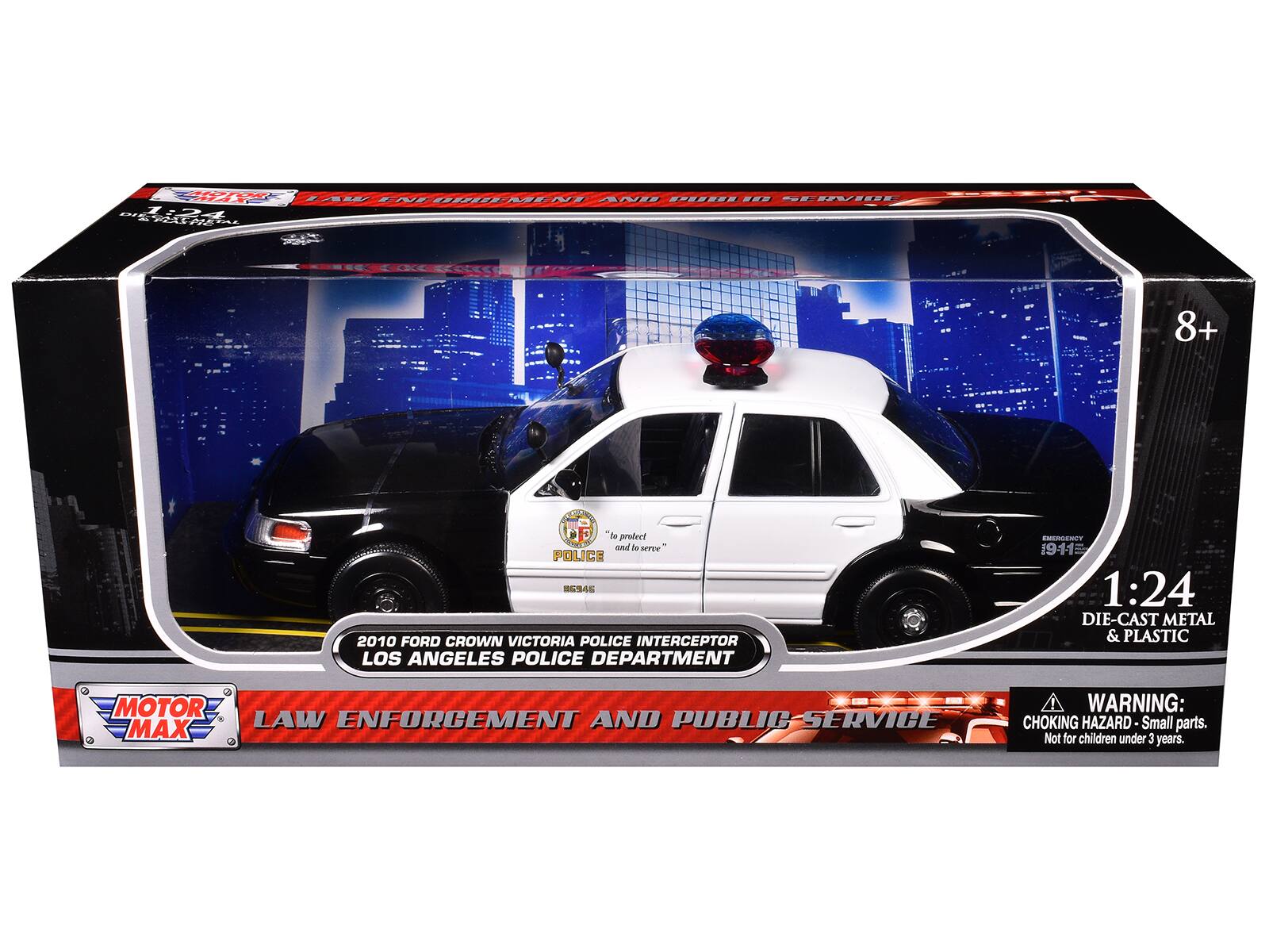 da HA SA8 ~ SHE MZ NT AND B .22 E PV 124 TR1PE 8+ B de protect and to serve" POLICE 94 2010 FORD CROWN VICTORIA POLICE INTERCEPTOR LOS ANGELES POLICE DEPARTMENT EMERGENCY 1911= 1:24 DIE-CAST METAL & PLASTIC tt.t WARNING: MOTOR LAW ENFORCEMENT AND PUBLIC-SERVICE CHOKING HAZARD Small parts. MAX Not for children under 3 years.

---

**Corrected Text:**

- "To protect and to serve" POLICE 94
- 2010 FORD CROWN VICTORIA POLICE INTERCEPTOR
- LOS ANGELES POLICE DEPARTMENT
- EMERGENCY
- 1:24 DIE-CAST METAL & PLASTIC
- WARNING: CHOKING HAZARD - Small parts. Not for children under 3 years.
- MOTOR MAX
- LAW ENFORCEMENT AND PUBLIC SERVICE