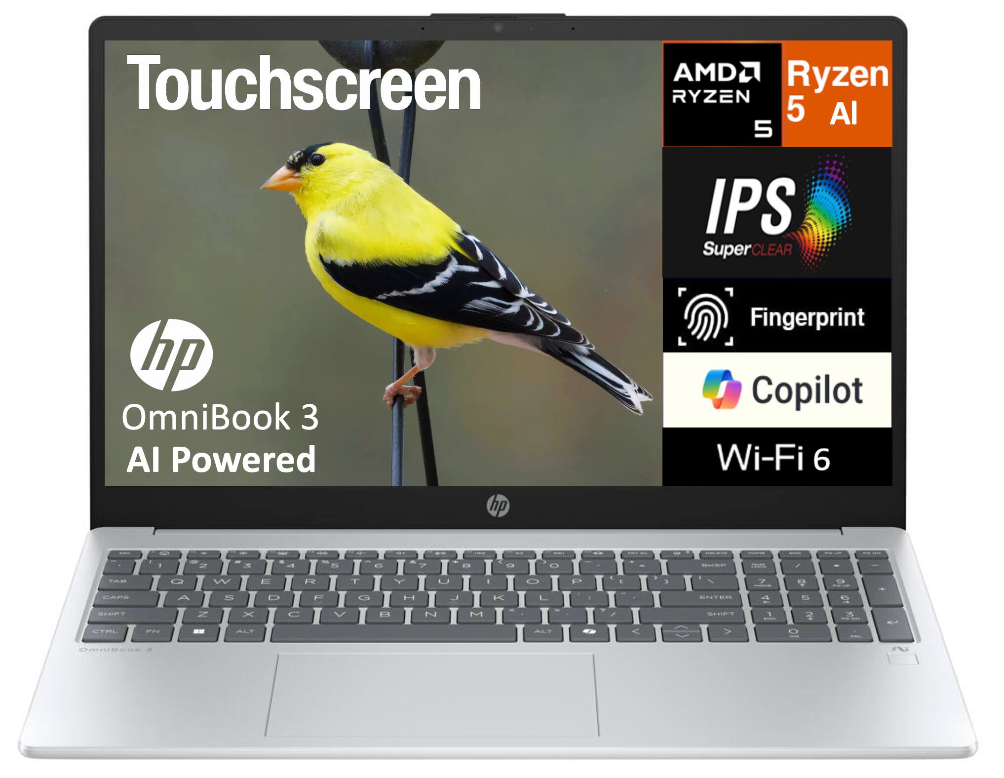 Touchscreen  
AMD Ryzen 5 AI  
IPS SuperCLEAR  
Fingerprint Copilot  
Wi-Fi 6  
hp OmniBook 3 AI Powered