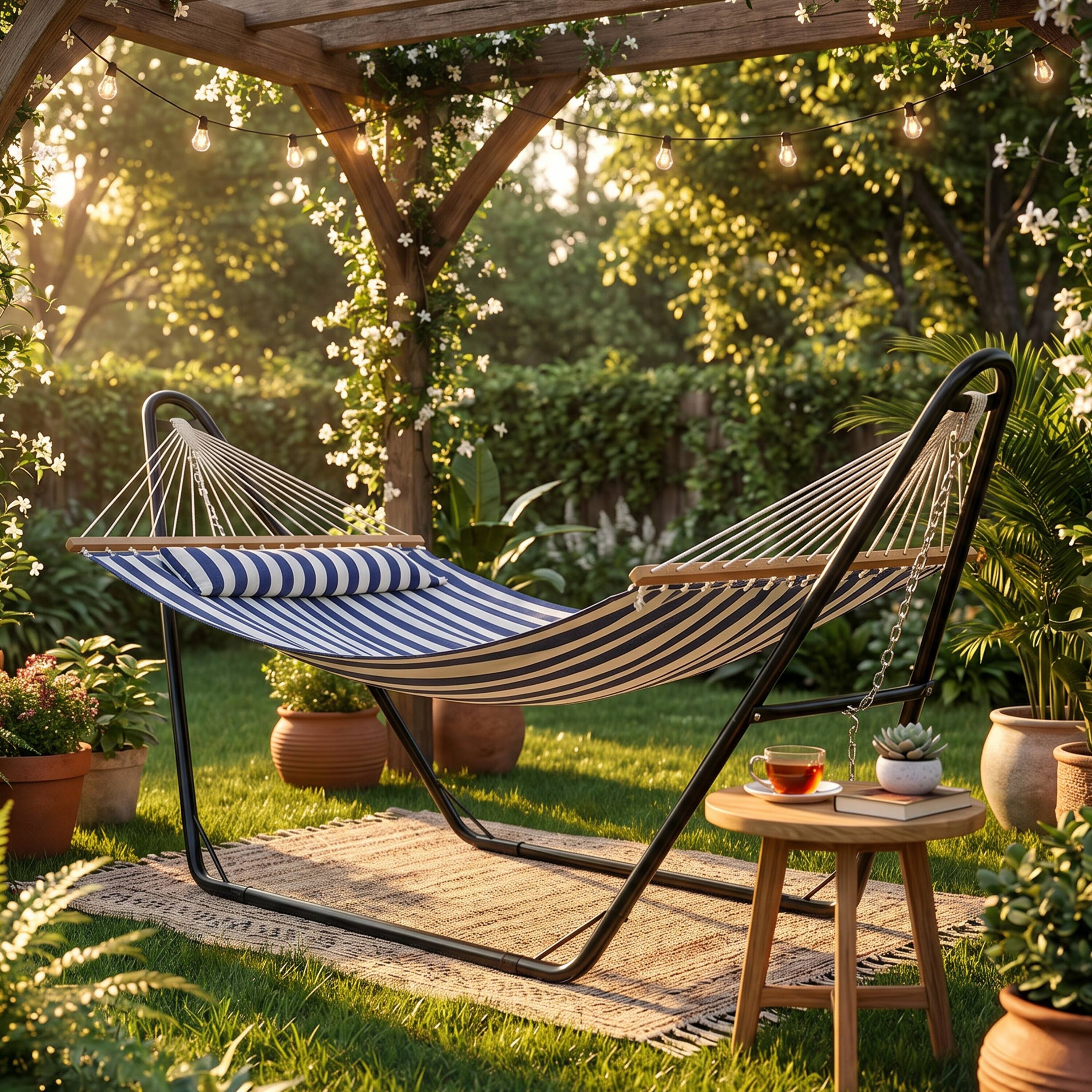 Alt View 8. Sunnydaze - Large Quilted Hammock with Universal Steel Stand - Blue/White Stripe.