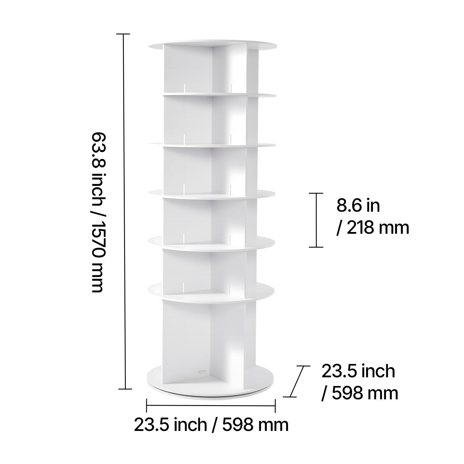 63.8 inch / 1570 mm  
8.6 in / 218 mm  
23.5 inch / 598 mm