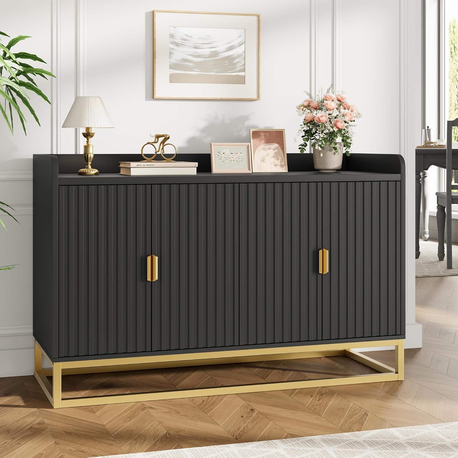 Homhougo - 47.2" Modern Sideboard – Fluted Design, Adjustable Shelves, Media Console or Buffet - Black