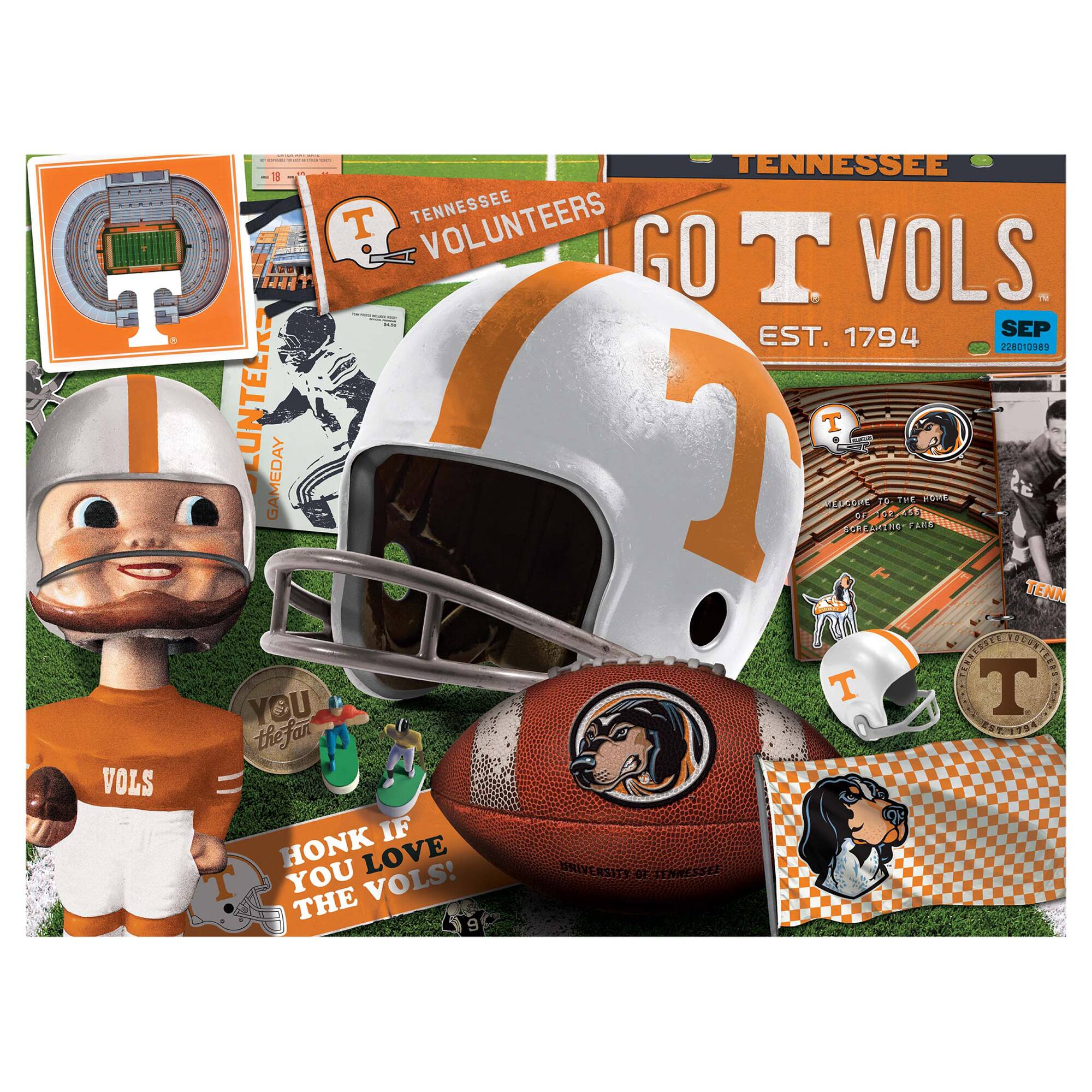TENNESSEE VOLUNTEERS  
GOT VOLS  
EST. 1794  
SEP 228010989  

TENNESSEE VOLUNTEERS  
GAMEDAY  

YOU THE FAN  

HONK IF YOU LOVE THE VOLS!  

WELCOME TO THE HOME OF THE TENNESSEE VOLUNTEERS  

UNIVERSITY OF TENNESSEE