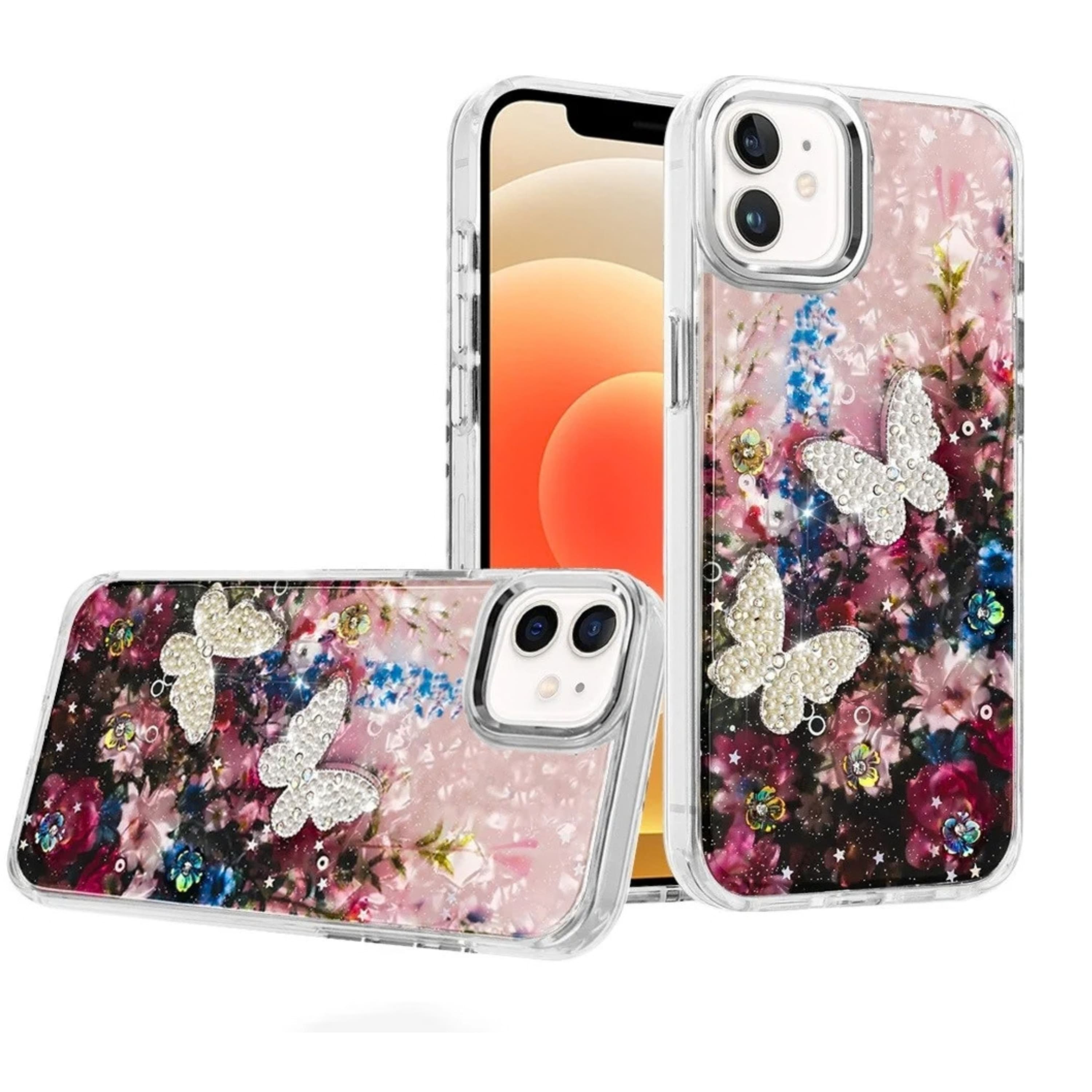 Kitcheniva - 3D Beaded Butterfly Glitter Phone Case With Tempered Glass For iPhone 12 12 Pro - Black