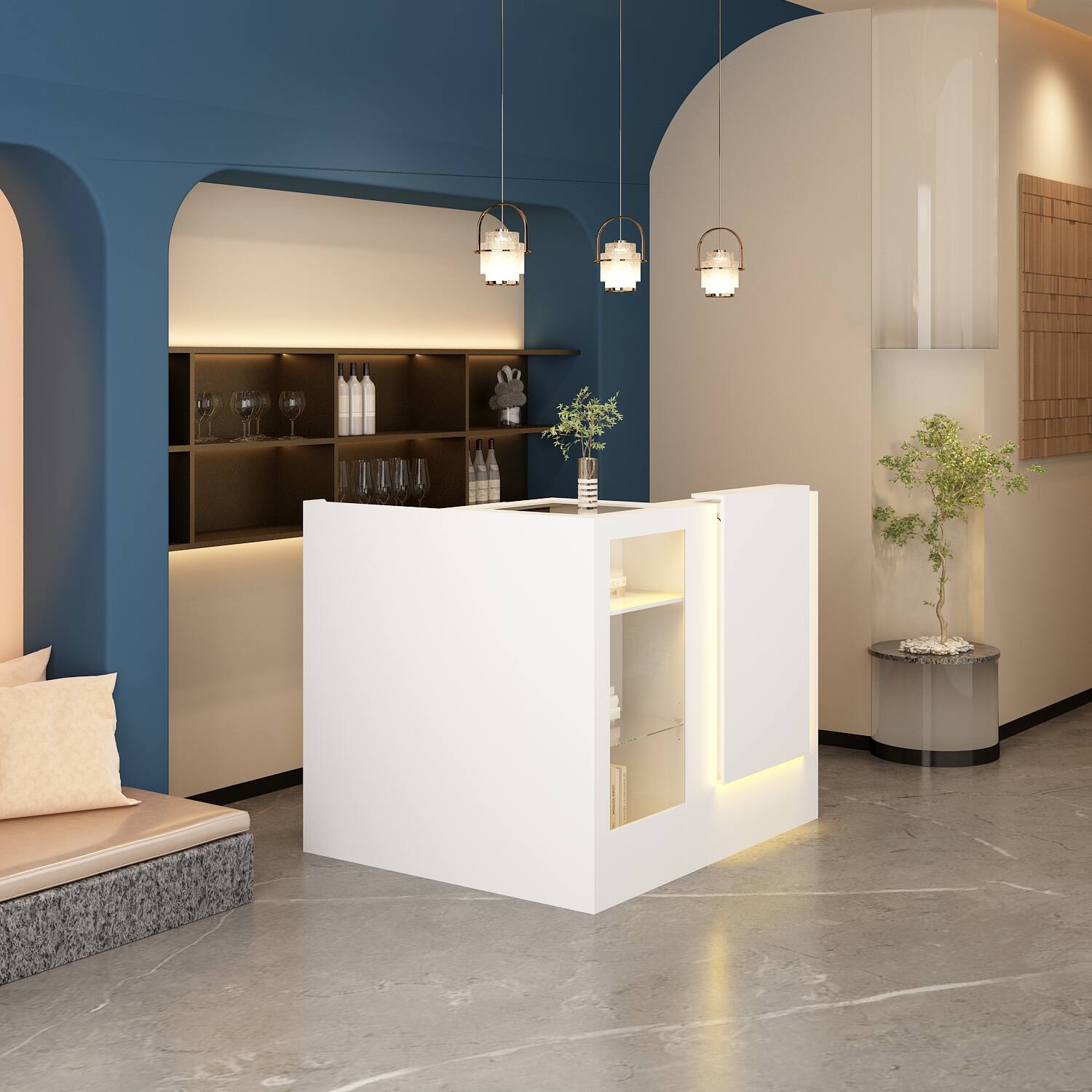 Alt View 6. Famapy - Modern Reception Desk with LED Light Front Counter with Storage Display Shelves for Office Store Salon Showroom - White.