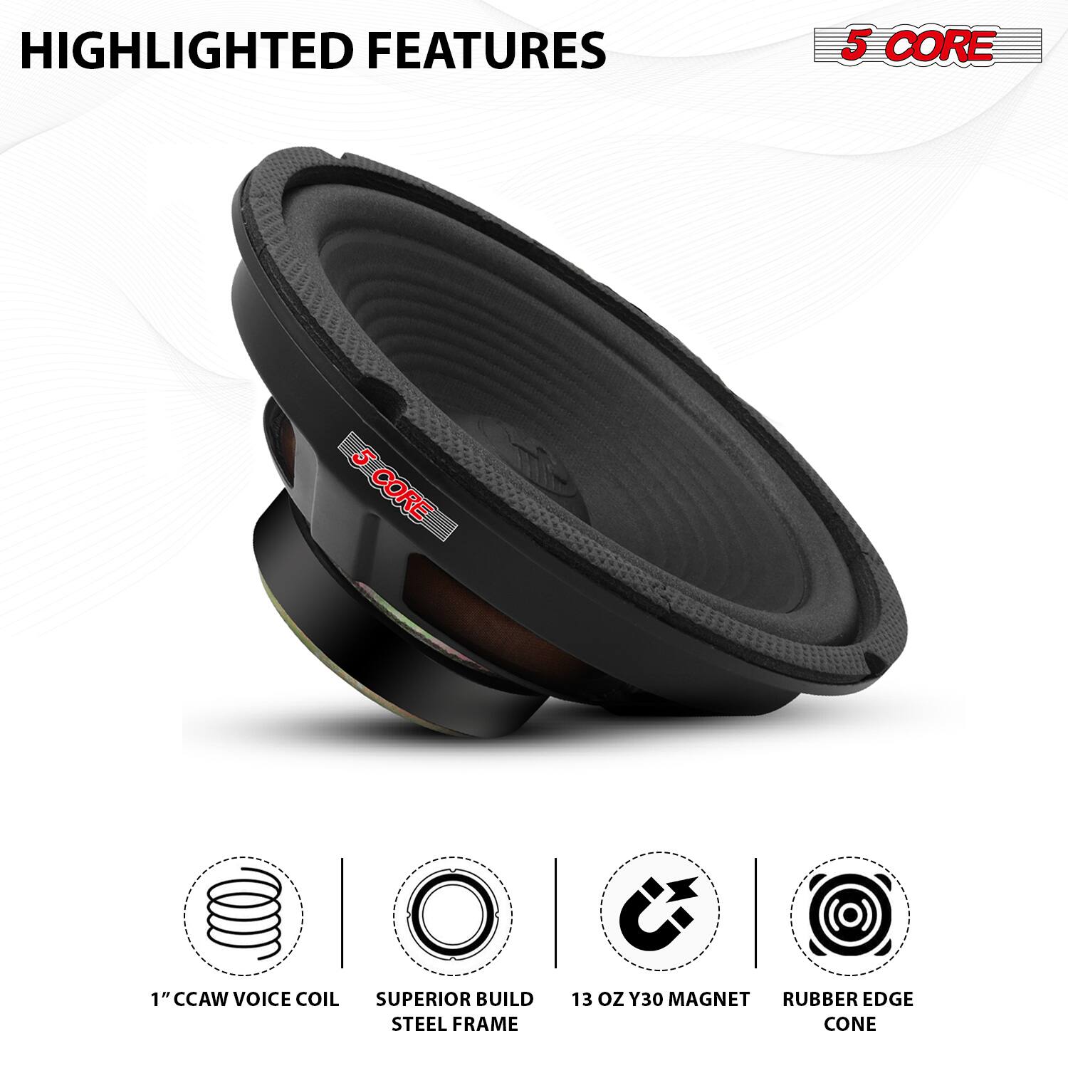 HIGHLIGHTED FEATURES

- 1" CCAW VOICE COIL
- SUPERIOR BUILD STEEL FRAME
- 13 OZ Y30 MAGNET
- RUBBER EDGE CONE