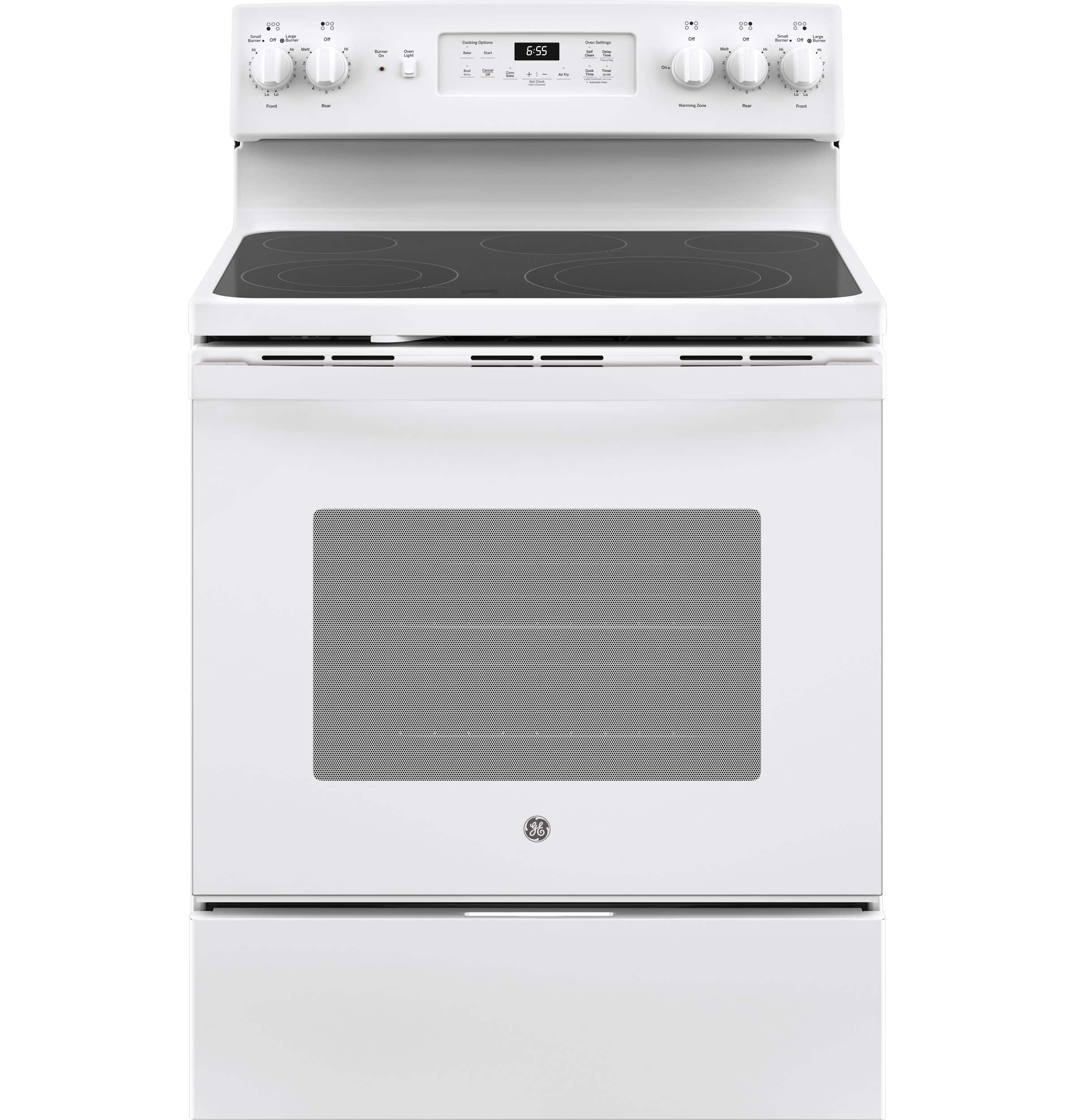 Front. GE - 5.3 Cu. Ft. Freestanding Electric Convection Range with Self-Cleaning and No-Preheat Air Fry - White.