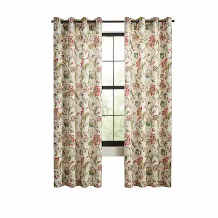 Front. Ellis Curtain - ELLIS 100% Polyester Brissac Colrful Jacobean Pattern Grommet Panel Lined 50" x 63" Red - Red.