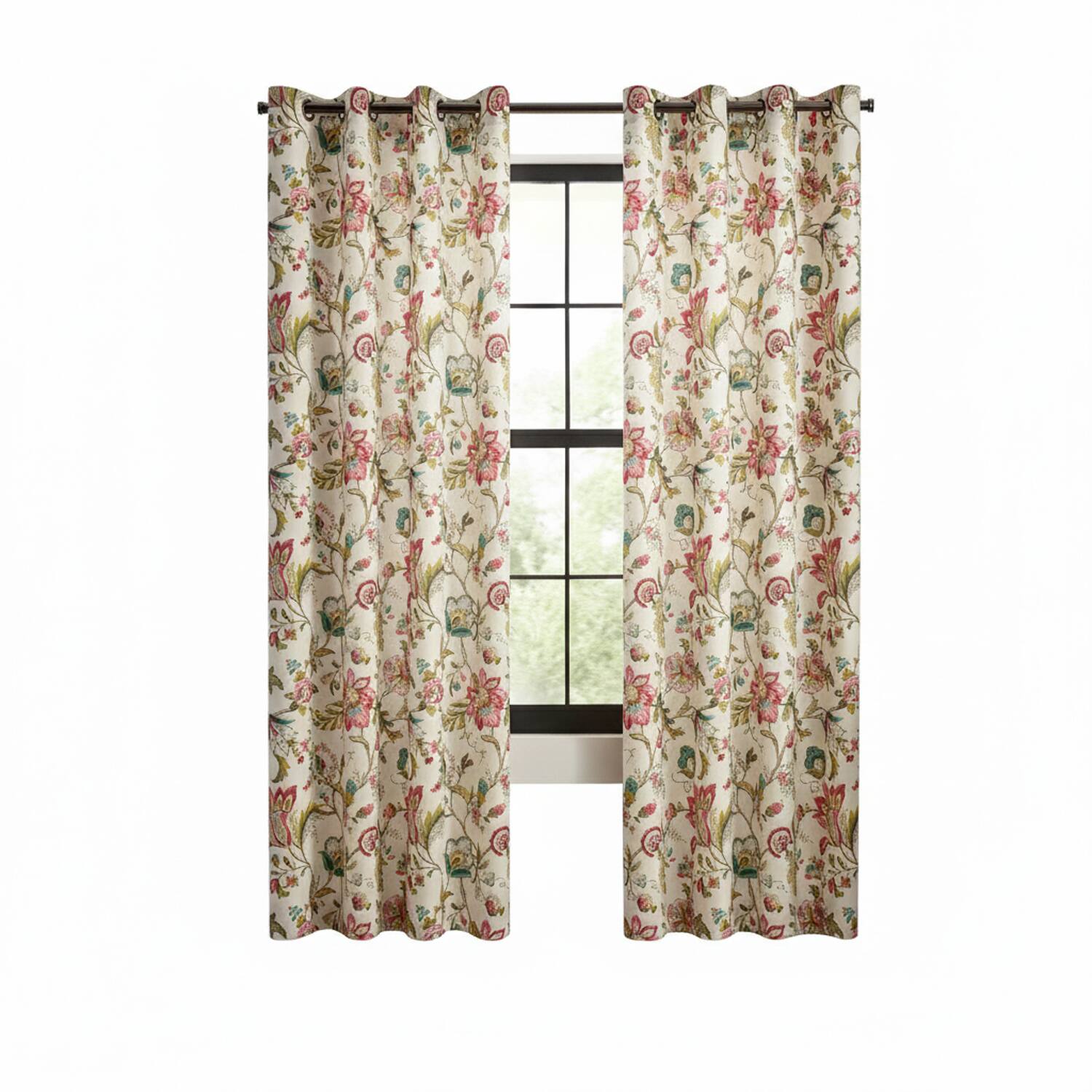 Front. Ellis Curtain - ELLIS 100% Polyester Brissac Colrful Jacobean Pattern Grommet Panel Lined 50" x 63" Red - Red.