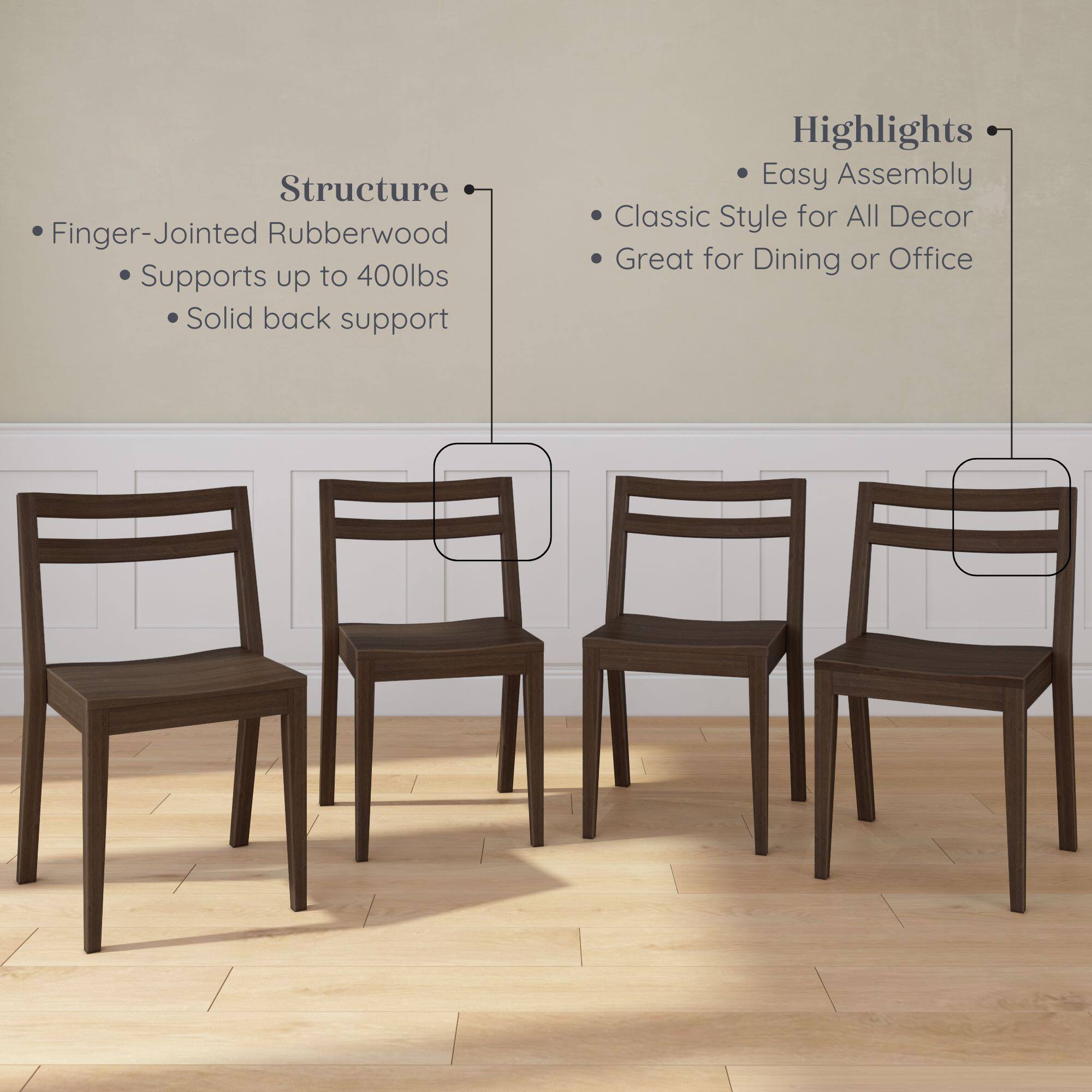Structure:
- Finger-Jointed Rubberwood
- Supports up to 400lbs
- Solid back support

Highlights:
- Easy Assembly
- Classic Style for All Decor
- Great for Dining or Office
