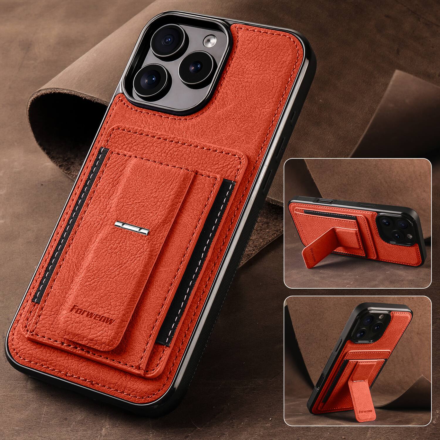 Alt View 3. Dteck - Slim Card Holder Case for Apple iPhone 16 Pro, Shockproof Wallet Protective Cover with Kickstand - Orange.