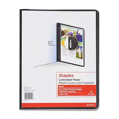 Staples
Laminated Paper
Report Covers with Fasteners
Black Hole-Punched Paper
100-Sheet Capacity
Letter Size
5 Covers
ST18112