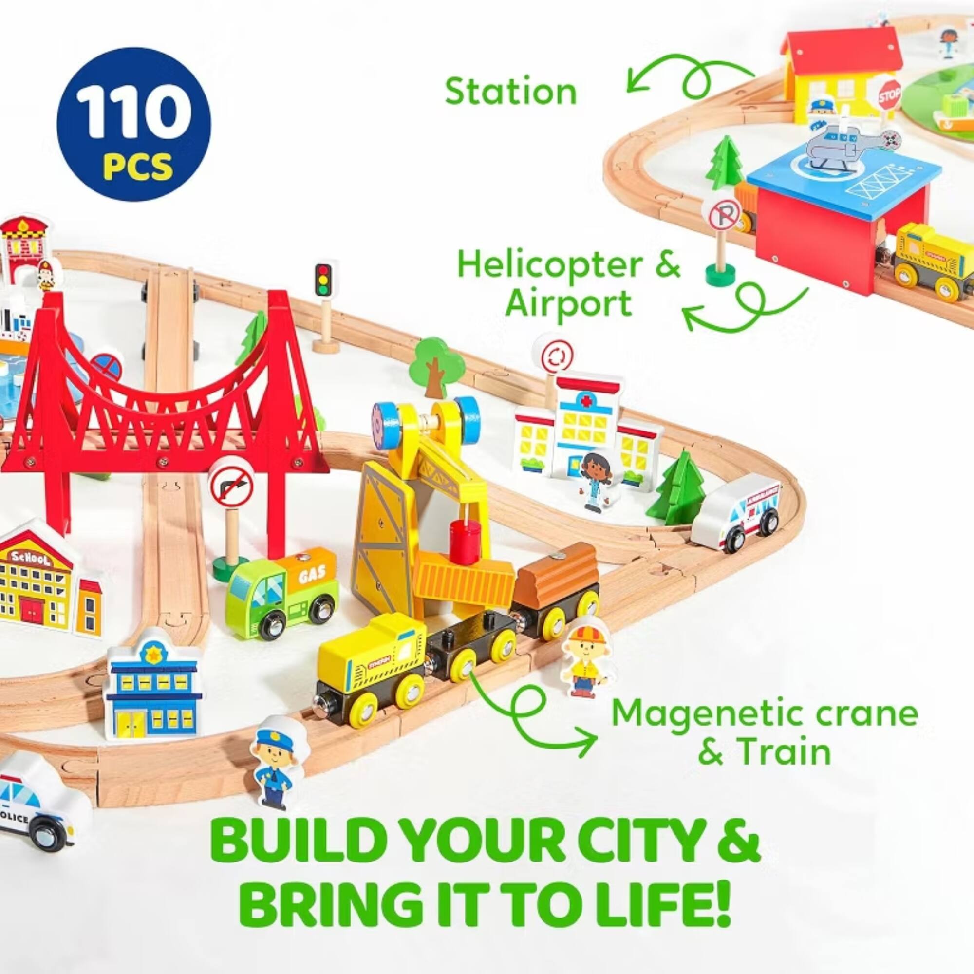 110 PCS Station Helicopter & Airport R STOP + School GAS t Magnetic crane & Train BUILD YOUR CITY & BRING IT TO LIFE!