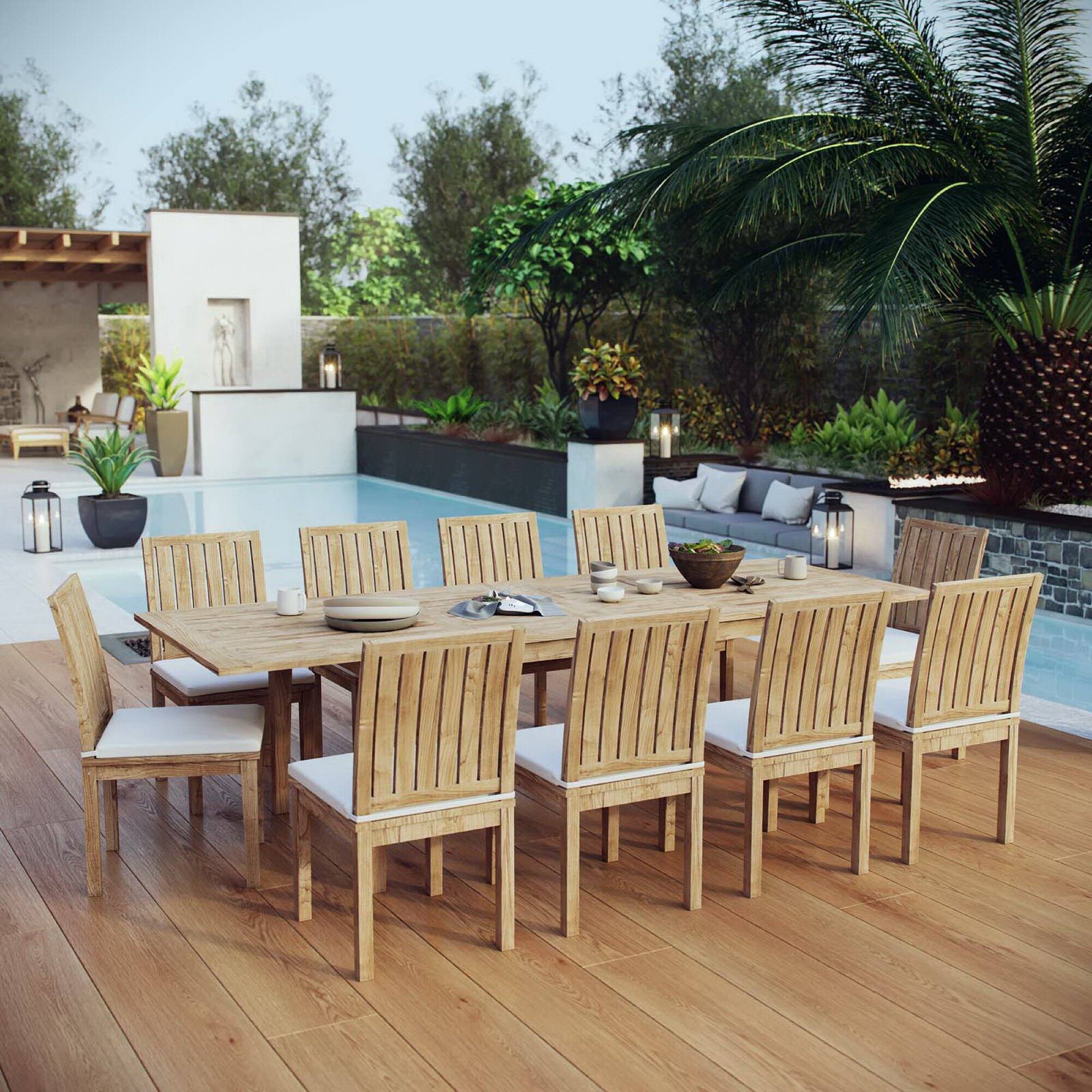 Alt View 5. Modway - 11-Piece Outdoor Teak Dining Set - Seats 10, Solid Teak Table with Cushioned Chairs - Natural White.