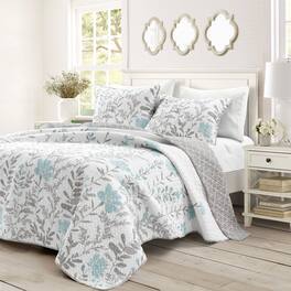 Hivvago - King Size Floral Lightweight Thin Polyester Fabric 3-Piece Quilt Set - Blue Grey