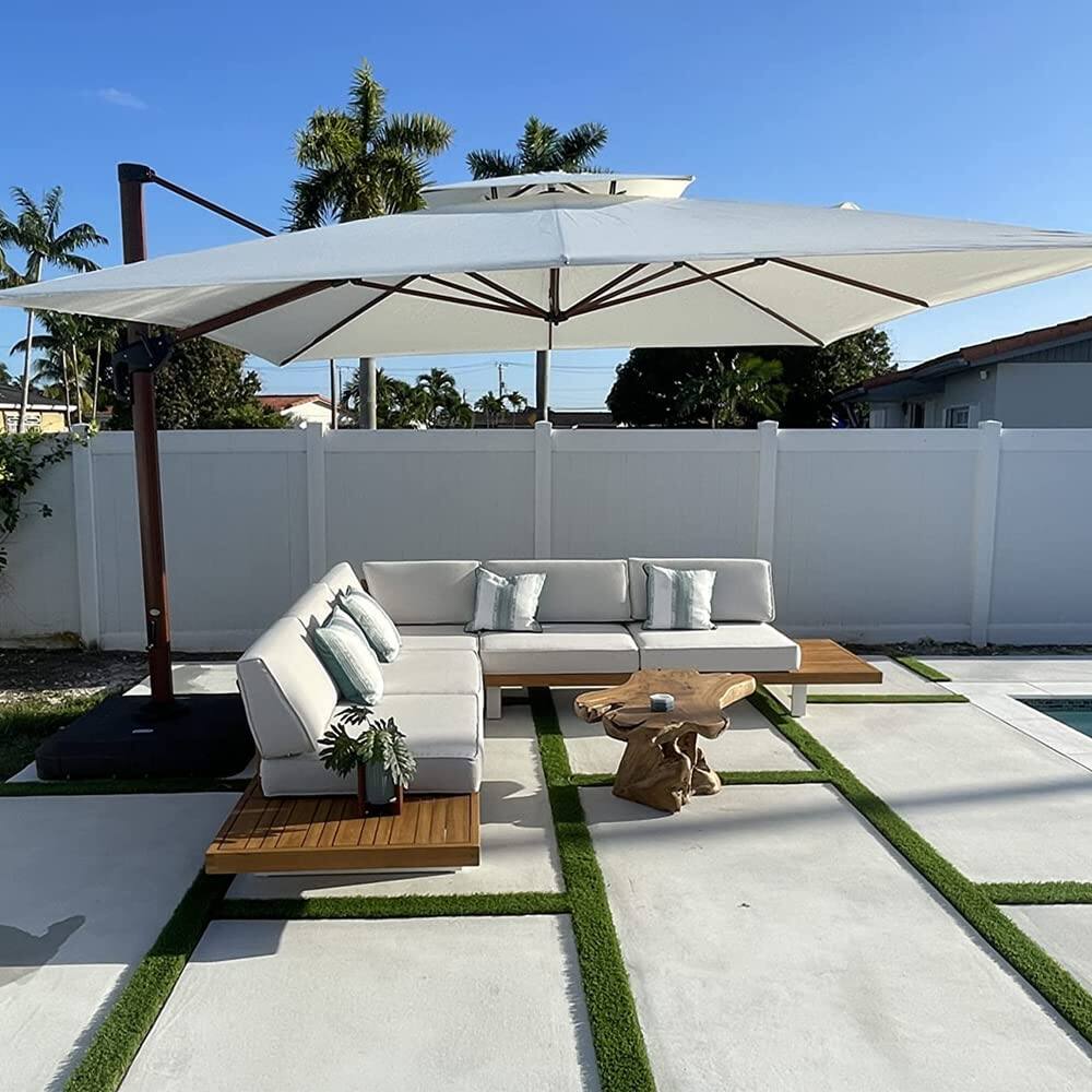 Left. PURPLE LEAF - 12 ft. Patio Square Outdoor Large Cantilever Umbrella Windproof Offset Heavy Duty Sun Umbrella with Base for Garden - Cream.