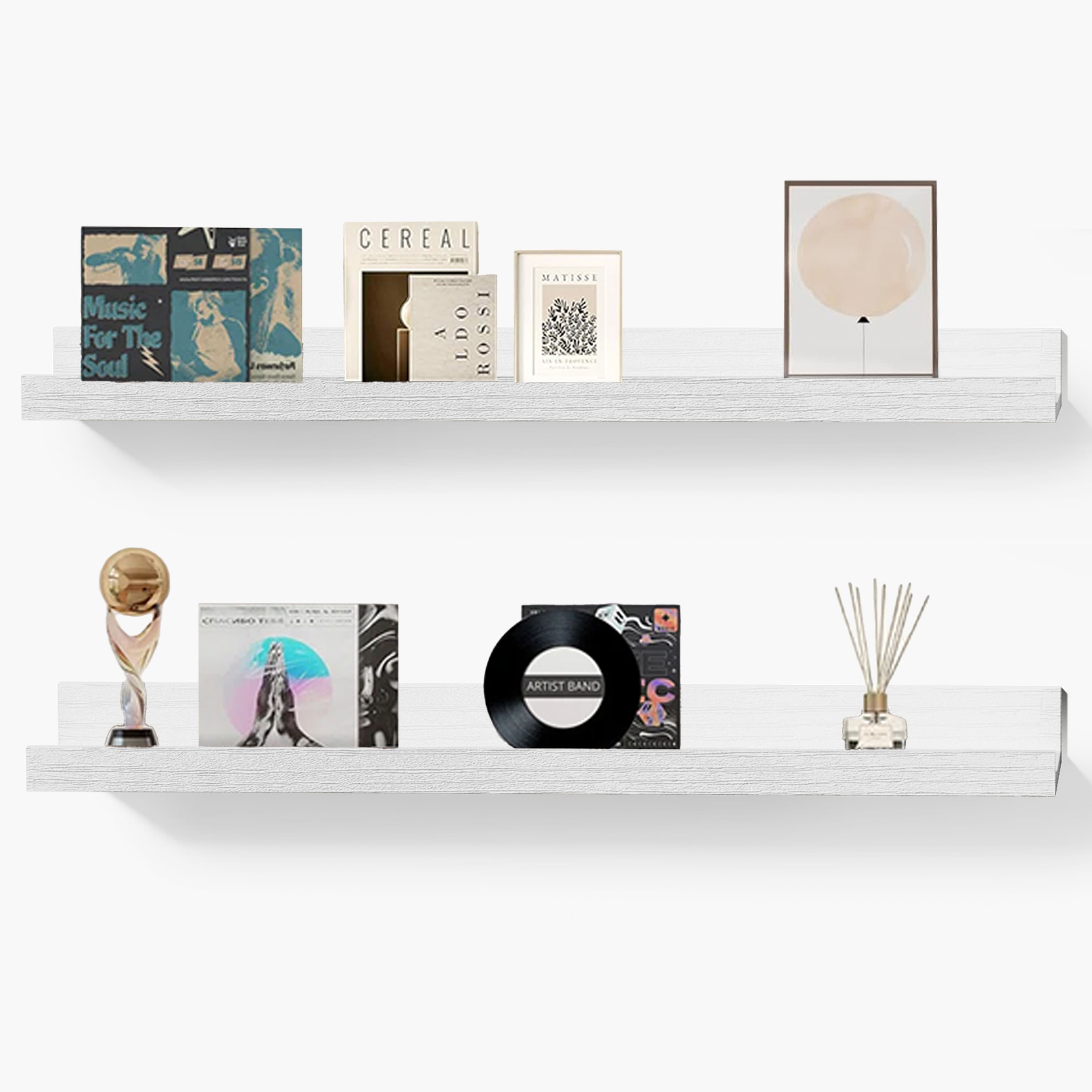 BOMEDA - 2 Pack 36 in Floating Picture Ledge Wall Shelves, Rustic Wooden Shelf for Books, Frames & Decor Display Floating Shelves - White