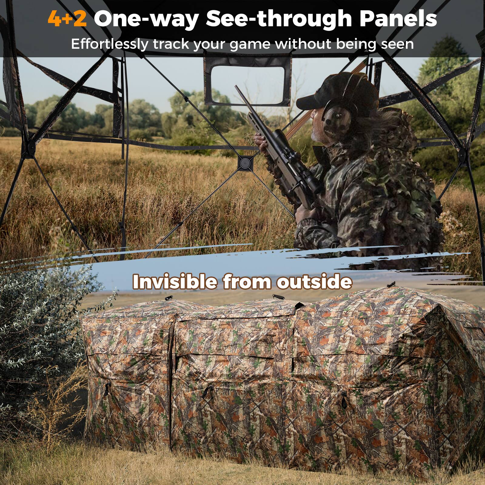 4+2 One-way See-through Panels  
Effortlessly track your game without being seen  

Invisible from outside
