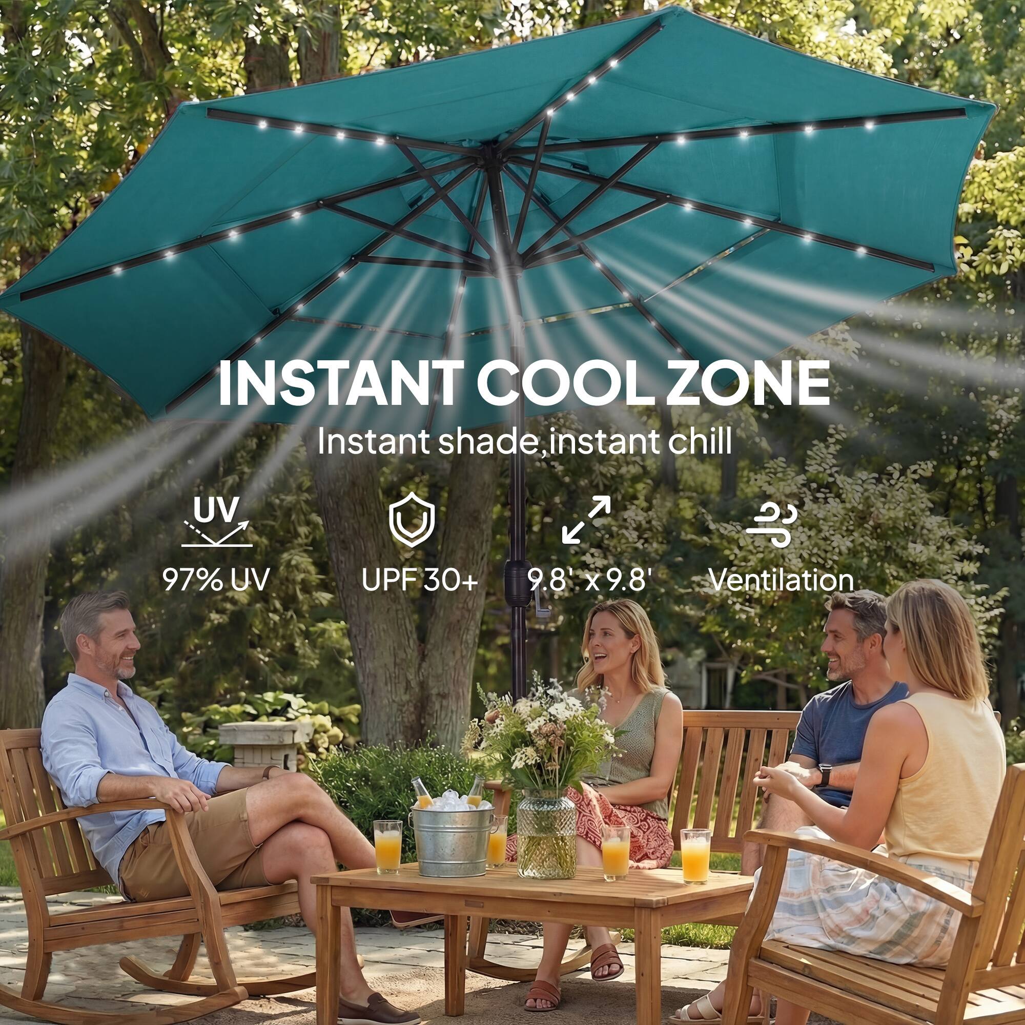 INSTANT COOL ZONE  
Instant shade, instant chill  
97% UV  
UPF 30+  
9.8' x 9.8'  
Ventilation