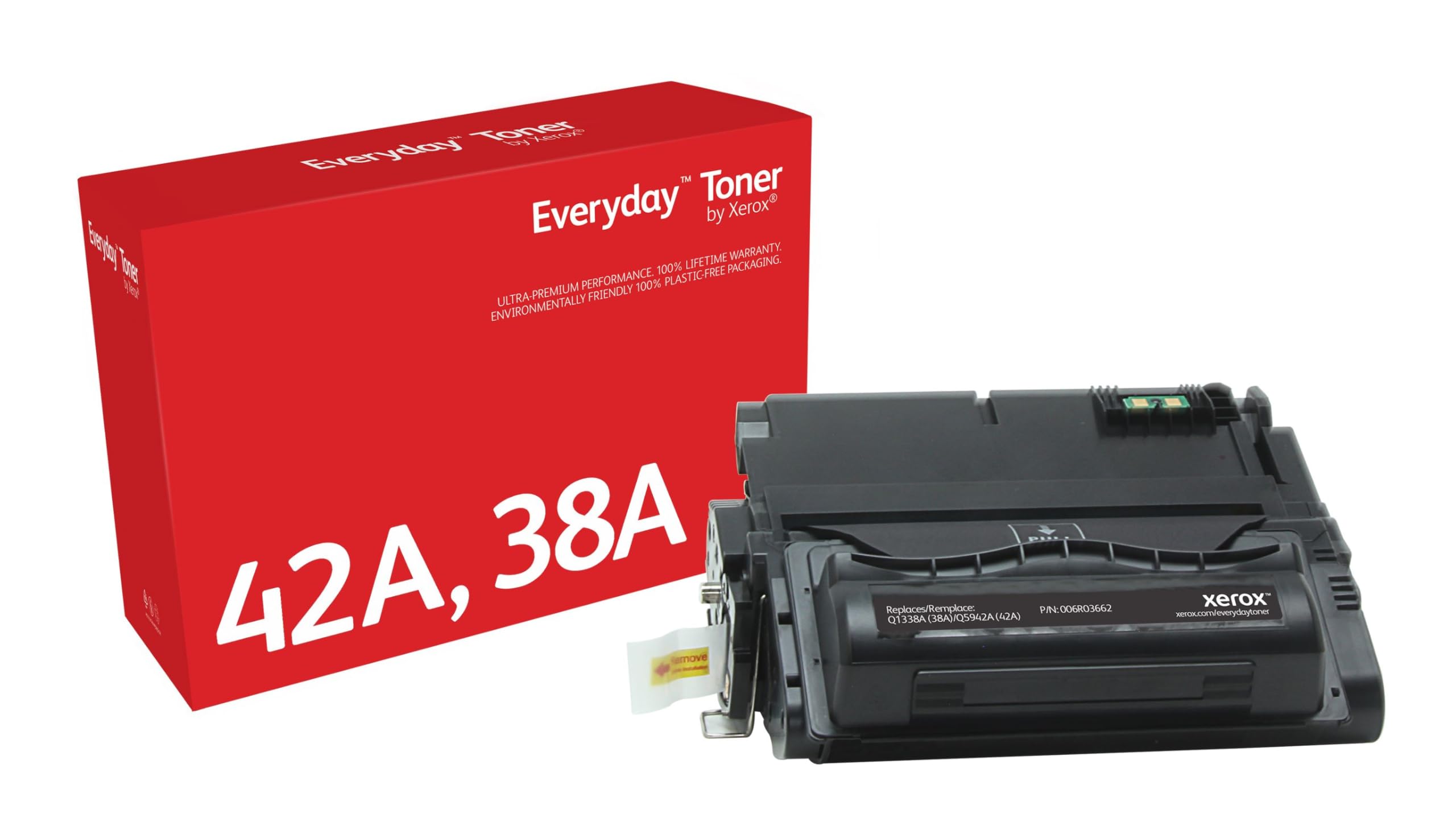 Everyday Toner by Xerox  
42A, 38A  

Ultra-Premium Performance. 100% Lifetime Warranty.  
Environmentally Friendly 100% Plastic-Free Packaging.  

Replaces/Remplace: P/N Q1338A (38A)/Q5942A (42A)  

xerox.com/everydaytoner