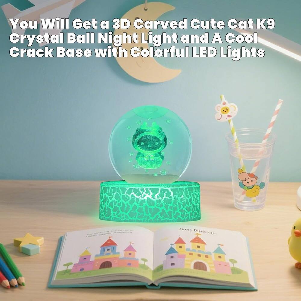 You will get a 3D carved cute cat K9 crystal ball night light and a cool crack base with colorful LED lights.