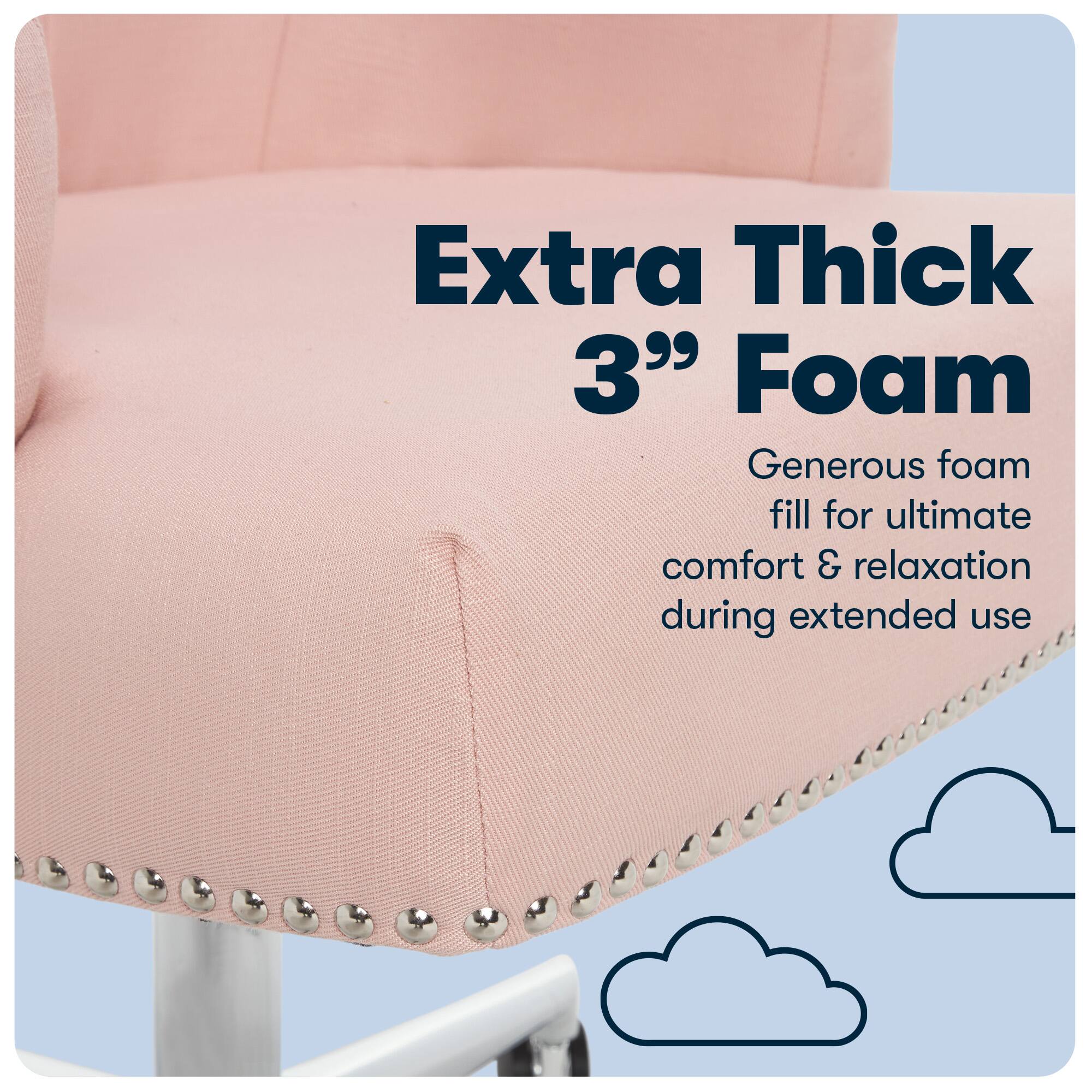The image features a pink chair with a cloudy blue background. The chair has a thick cushion, which is filled with extra thick 3" foam. This provides a generous amount of foam fill for ultimate comfort and relaxation during extended use.
