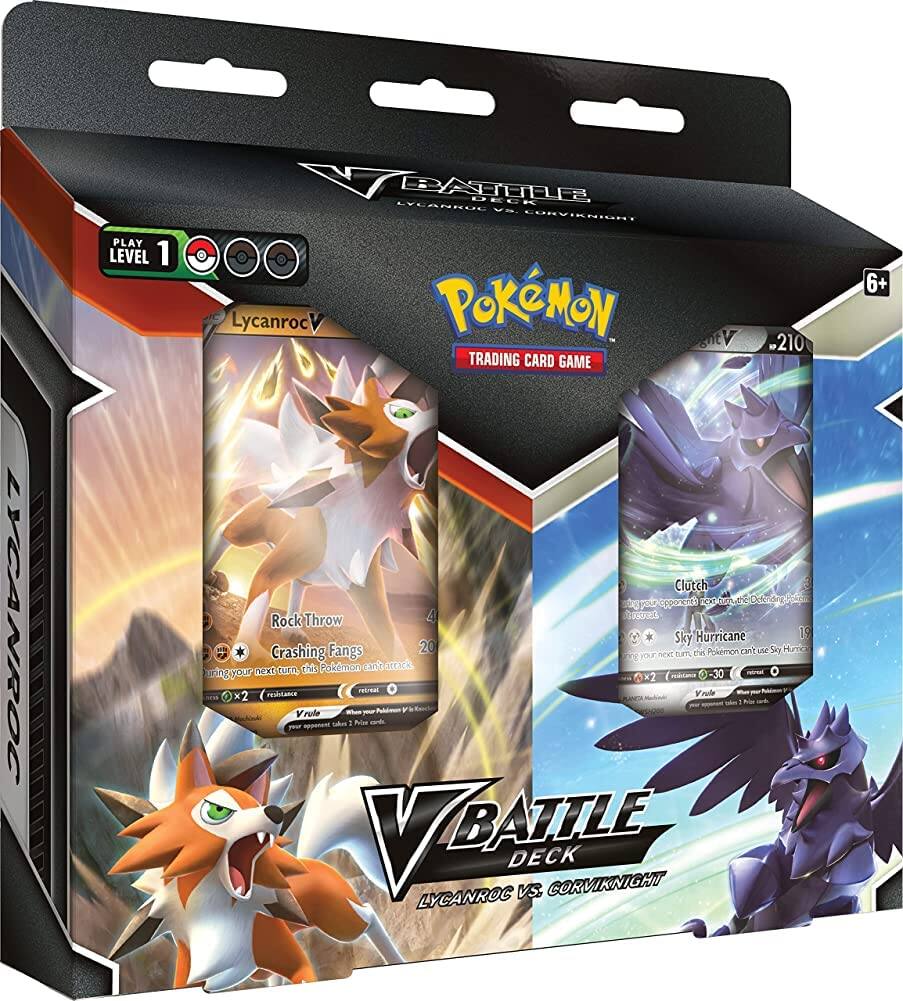 LYCANROC PLAY LEVEL 1 BATTLE DECK  
LYCANROC VS. CORVIKNIGHT  
LYCANROC POKÉMON  
210 TRADING CARD GAME  

LYCANROC  
Rock Throw  
Crashing Fangs  
20  
* During your next turn, this Pokémon can't attack.  
* 2× resistance  
* Vrule  
When your Pokémon V is knocked out, your opponent takes 2 Prize cards.  

CORVIKNIGHT  
Clutch  
Sky Hurricane  
19  
* During your next turn, this Pokémon can't use Sky Hurricane.  
* 2× resistance  
* Vrule  
When your Pokémon V is knocked out, your opponent takes 1 Prize card.  

6+