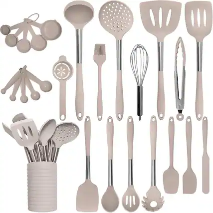 Front. RTMB - This set of 26 stone silicone kitchen utensils is dishwasher safe - Stone.