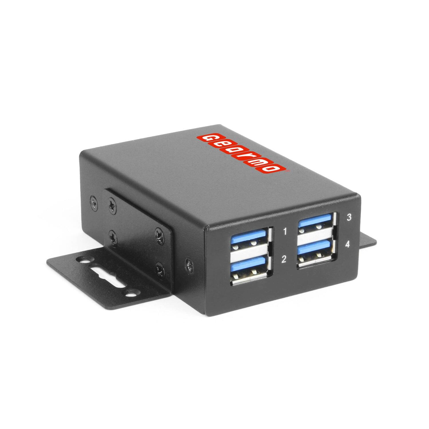 Front. Gearmo - 4-Port USB 3.2 Gen 1 Hub - 5Gbps - Slim Profile - Surface & DIN Rail Mountable - Powered Via 3-Pin Terminal Block - Black.