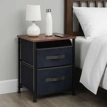 Front. Hivvago - Compact Industrial Nightstand with Dual Pull-Out Fabric Bins - Rustic Brown.